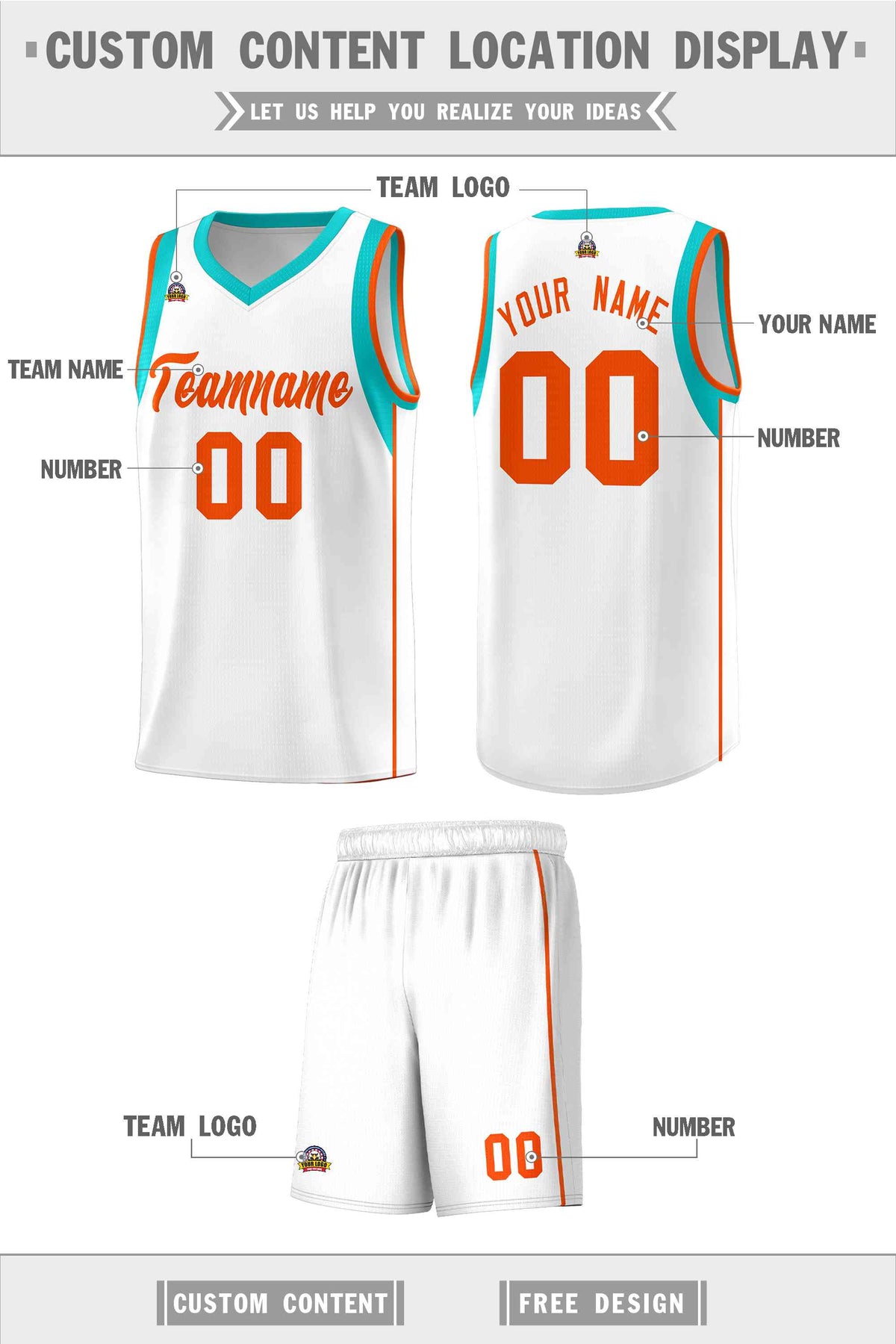 Custom White Orange Sleeve Color Blocking Classic Sports Uniform Basketball Jersey
