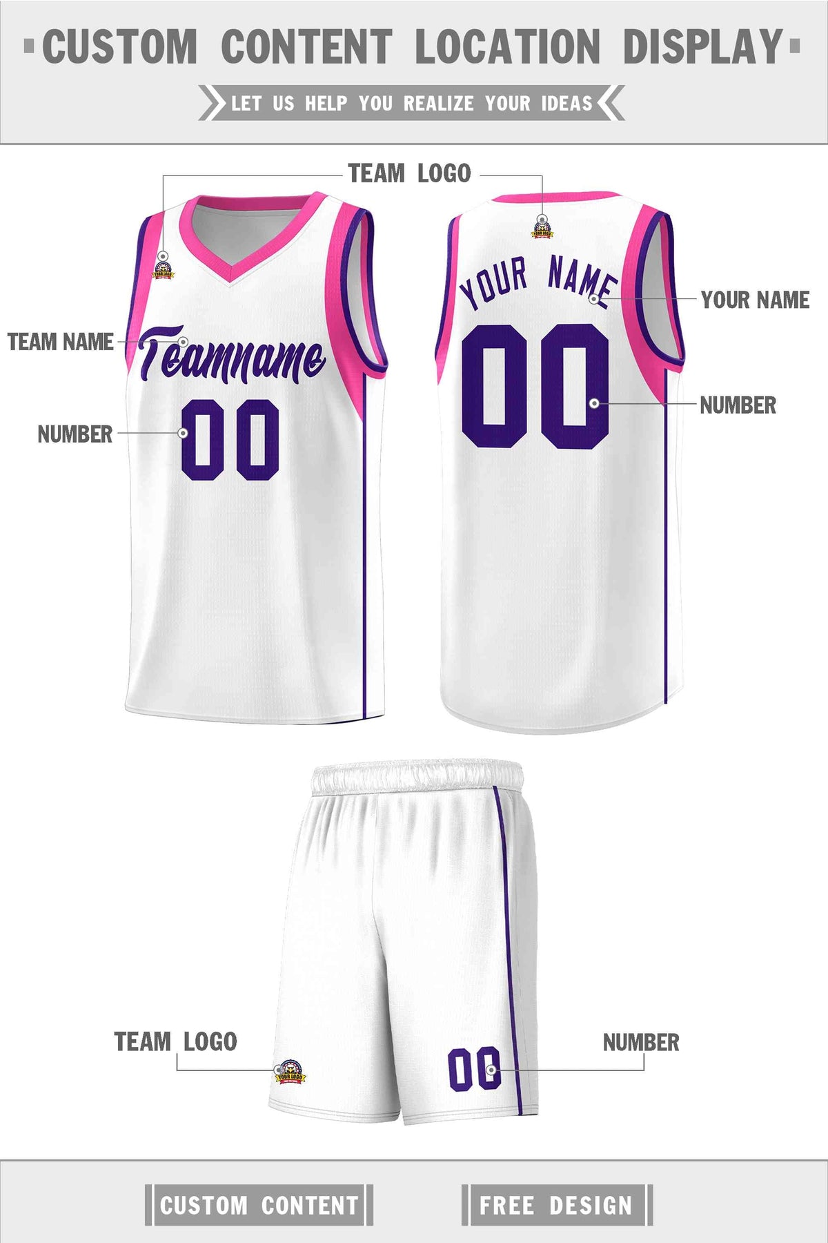 Custom White Purple Sleeve Color Blocking Classic Sports Uniform Basketball Jersey