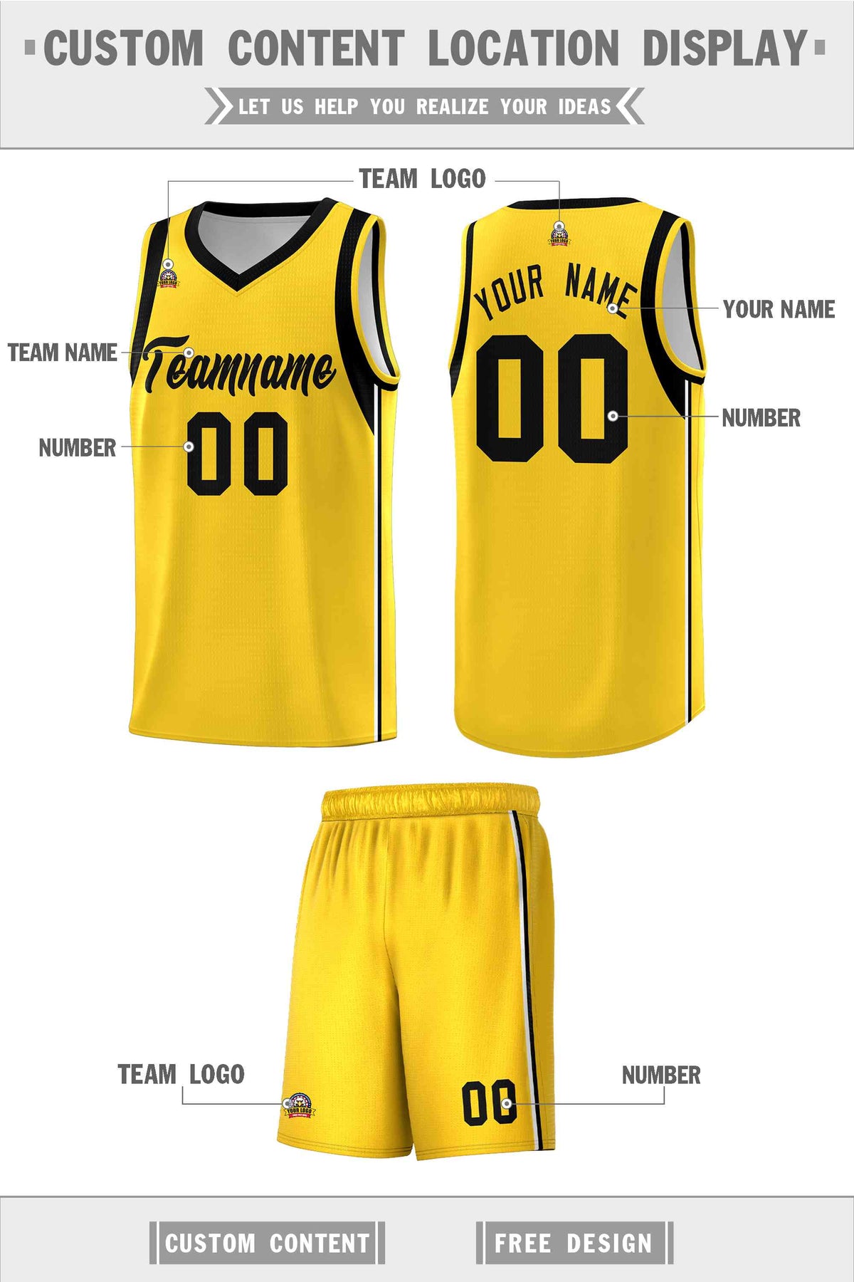 Custom Gold Black Sleeve Color Blocking Classic Sports Uniform Basketball Jersey