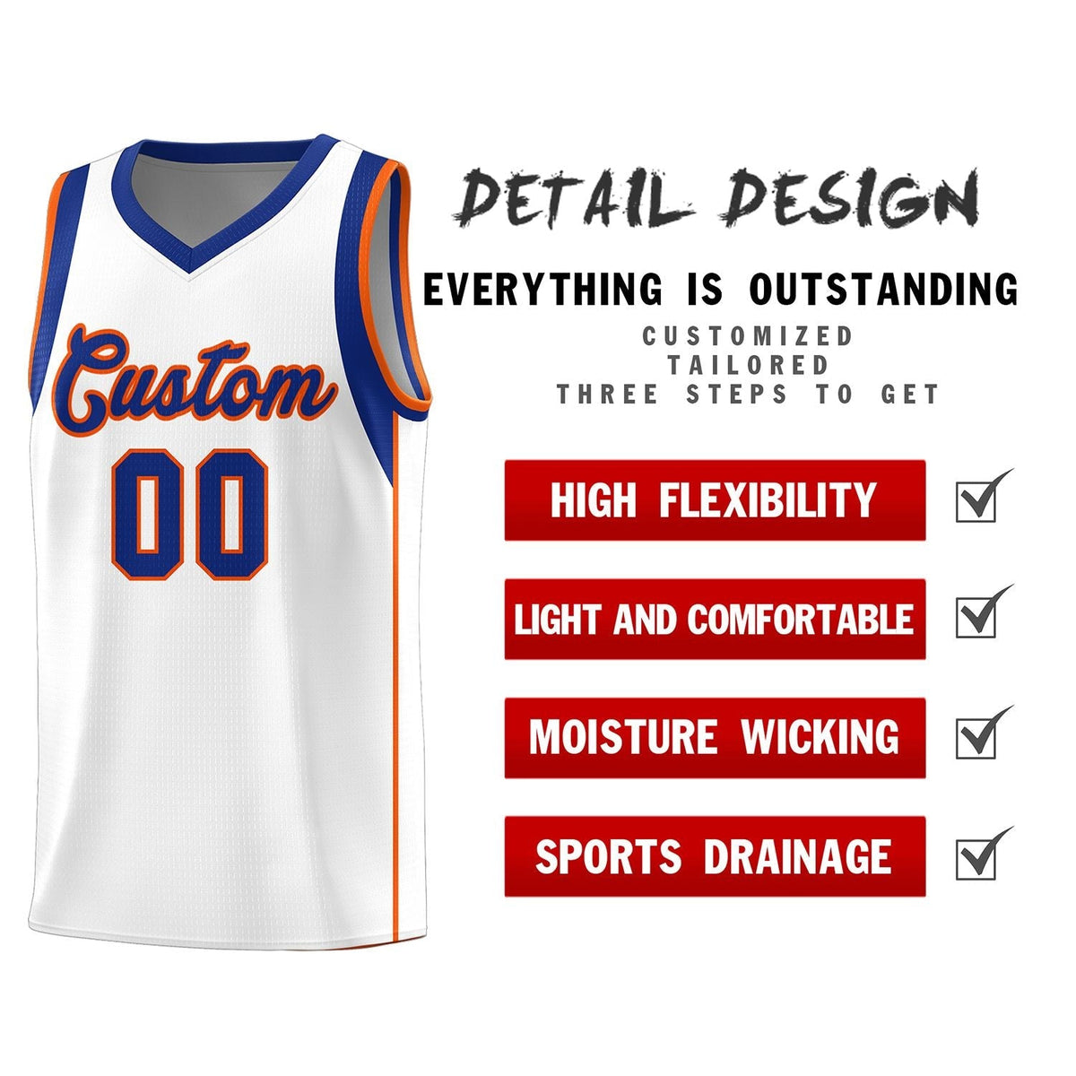 Custom White Royal-Orange Sleeve Color Blocking Classic Sports Uniform Basketball Jersey