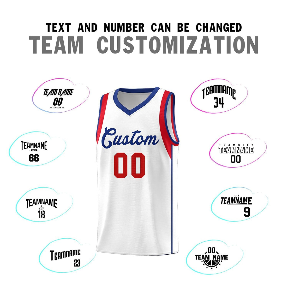 Custom White Royal-Red Sleeve Color Blocking Classic Sports Uniform Basketball Jersey