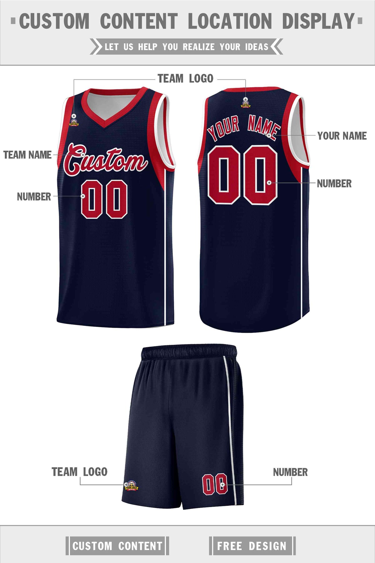 Custom Navy Red-White Sleeve Color Blocking Classic Sports Uniform Basketball Jersey