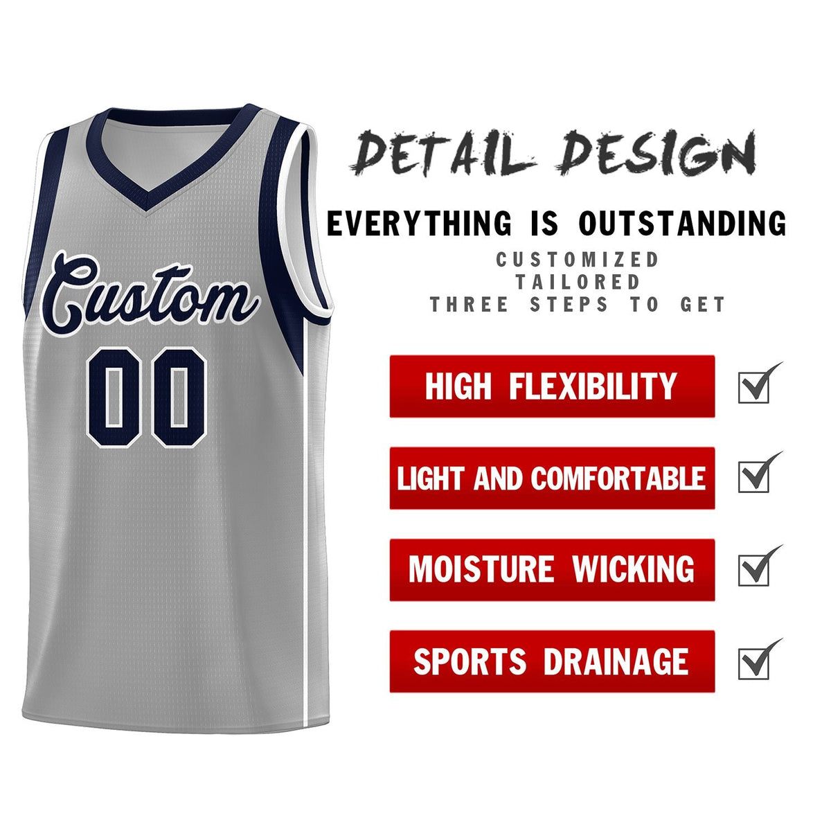 Custom Gray Navy-White Sleeve Color Blocking Classic Sports Uniform Basketball Jersey
