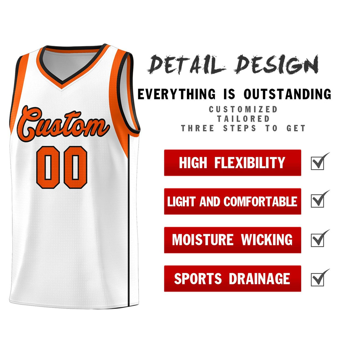 Custom White Orange-Black Sleeve Color Blocking Classic Sports Uniform Basketball Jersey