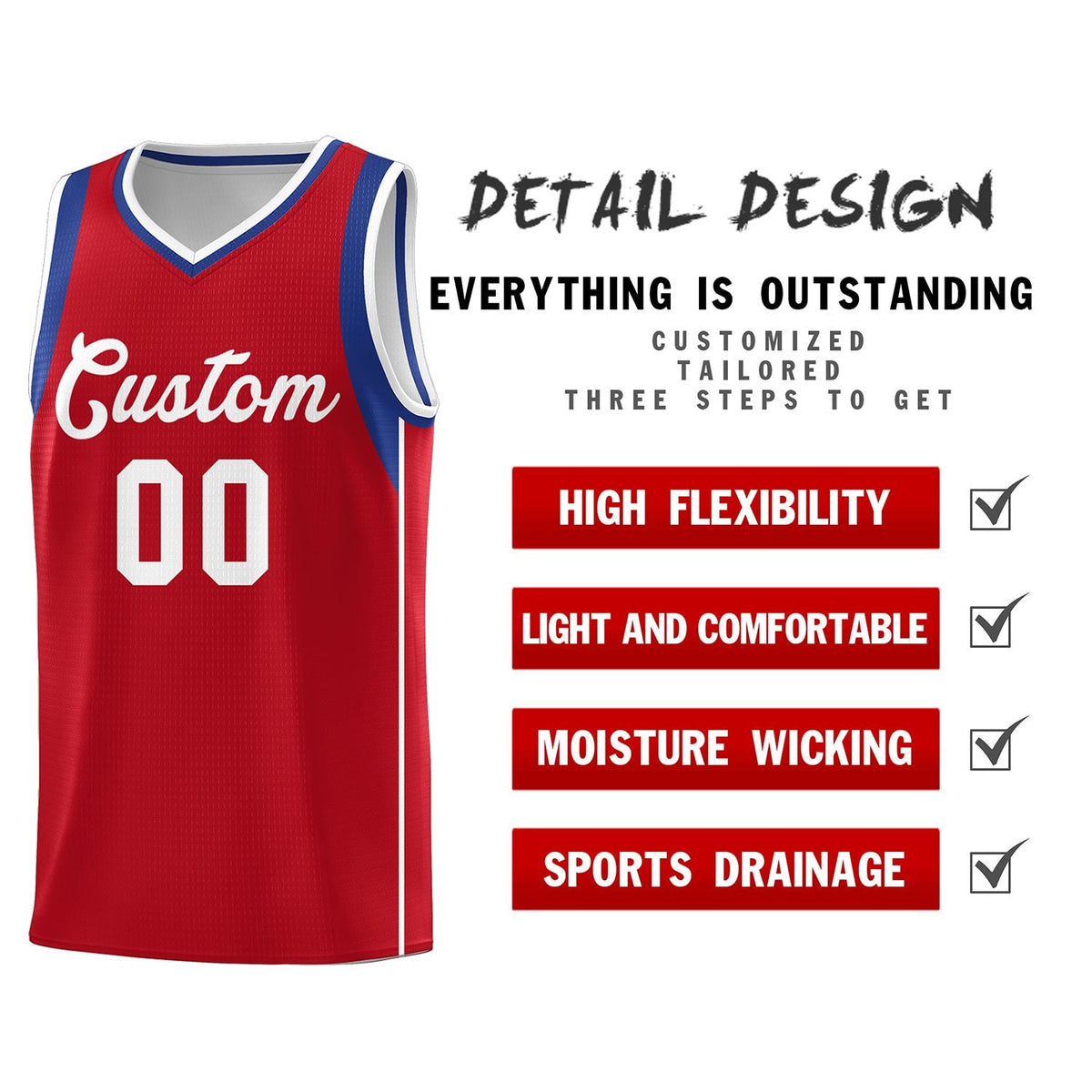 Custom Red Royal-White Sleeve Color Blocking Classic Sports Uniform Basketball Jersey
