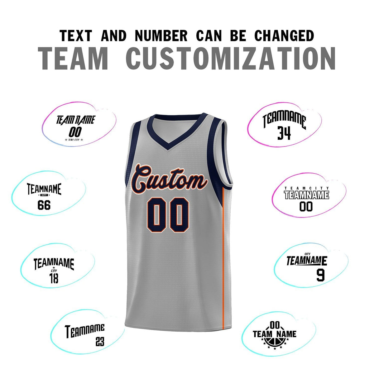Custom Gray Navy-Orange Sleeve Color Blocking Classic Sports Uniform Basketball Jersey