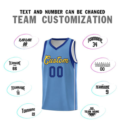 Custom Powder Blue Royal-Gold Sleeve Color Blocking Classic Sports Uniform Basketball Jersey