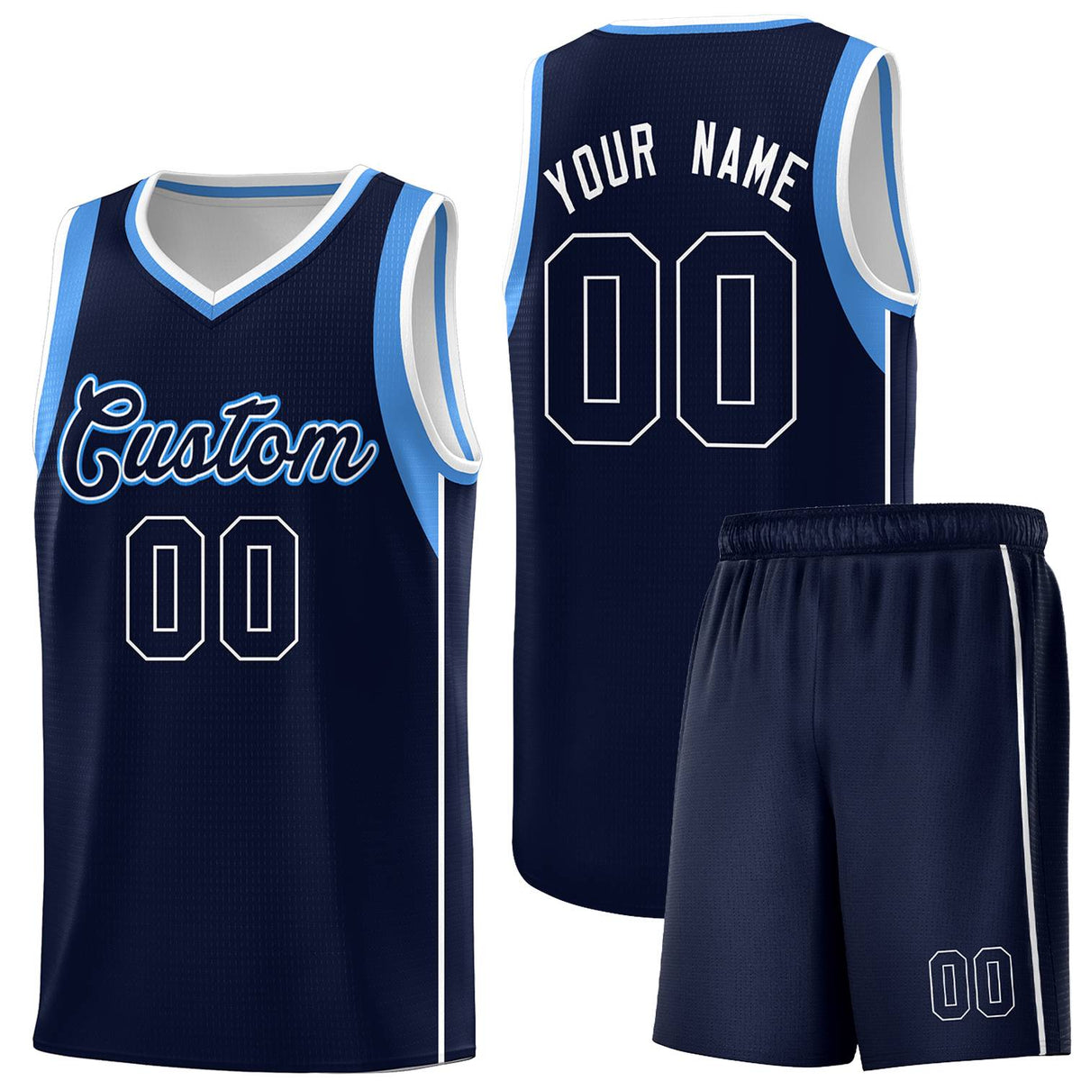 Custom Navy Powder Blue-White Sleeve Color Blocking Classic Sports Uniform Basketball Jersey