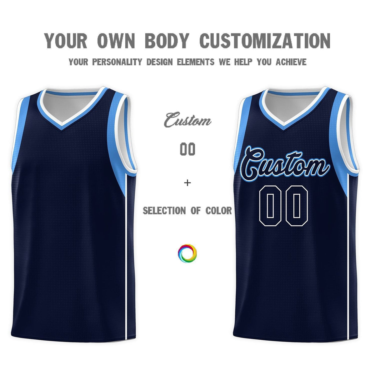 Custom Navy Powder Blue-White Sleeve Color Blocking Classic Sports Uniform Basketball Jersey