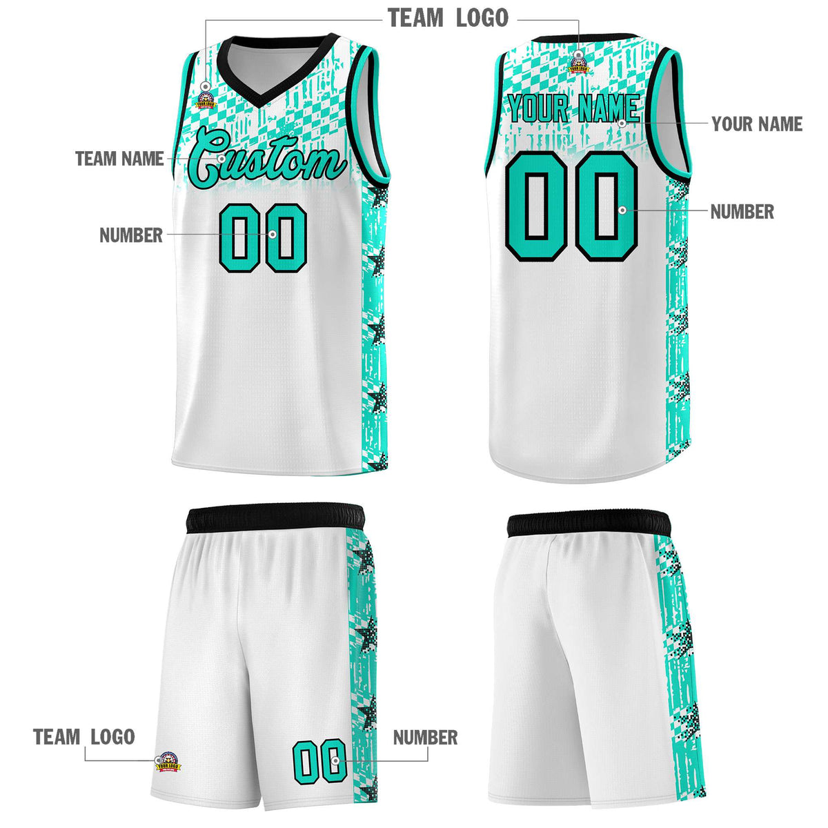 Custom White Mosaic Stars Pattern Sports Uniform Basketball Jersey