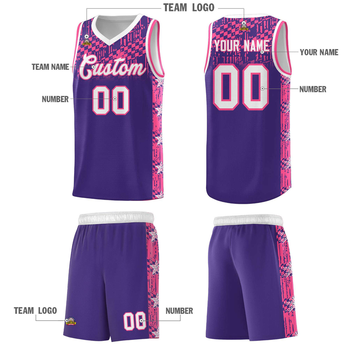 Custom Purple Mosaic Stars Pattern Sports Uniform Basketball Jersey