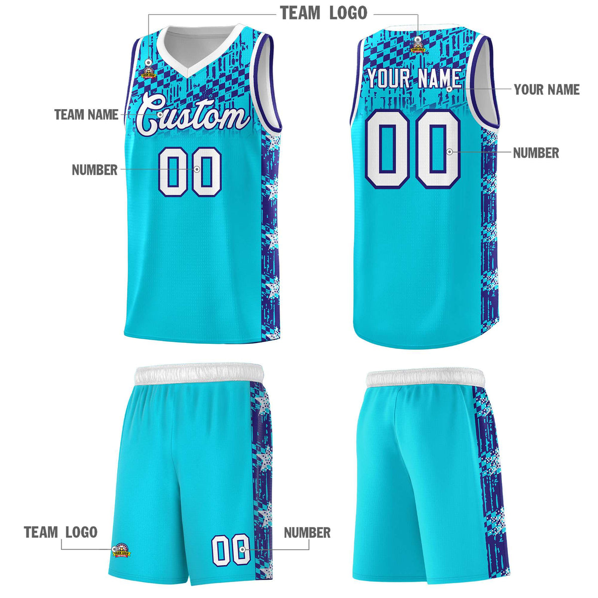 Custom Sky Blue Mosaic Stars Pattern Sports Uniform Basketball Jersey