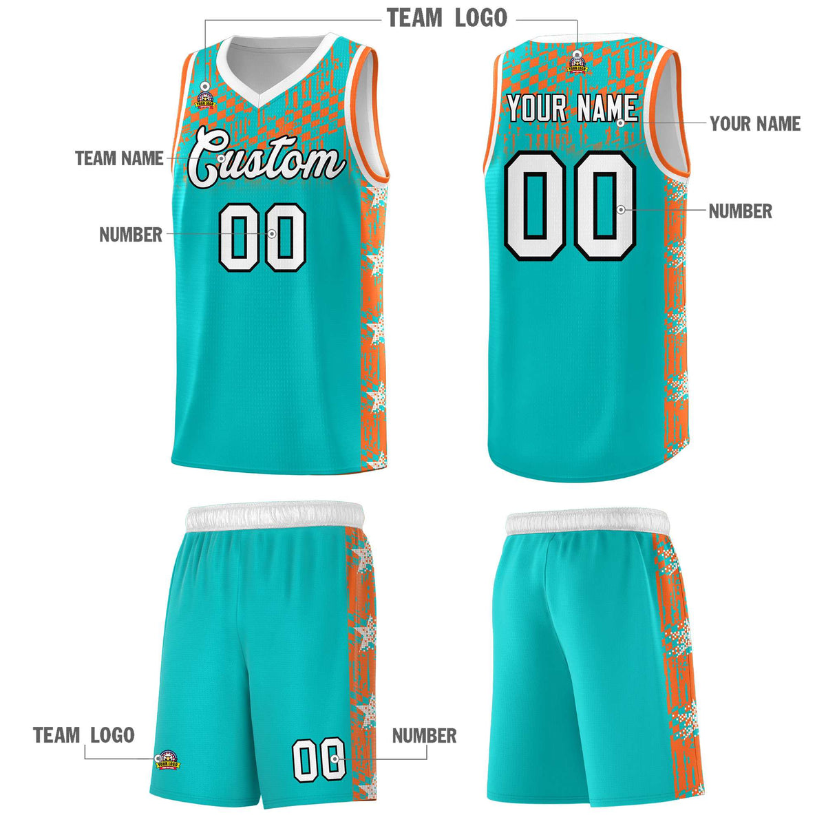 Custom Aqua Mosaic Stars Pattern Sports Uniform Basketball Jersey