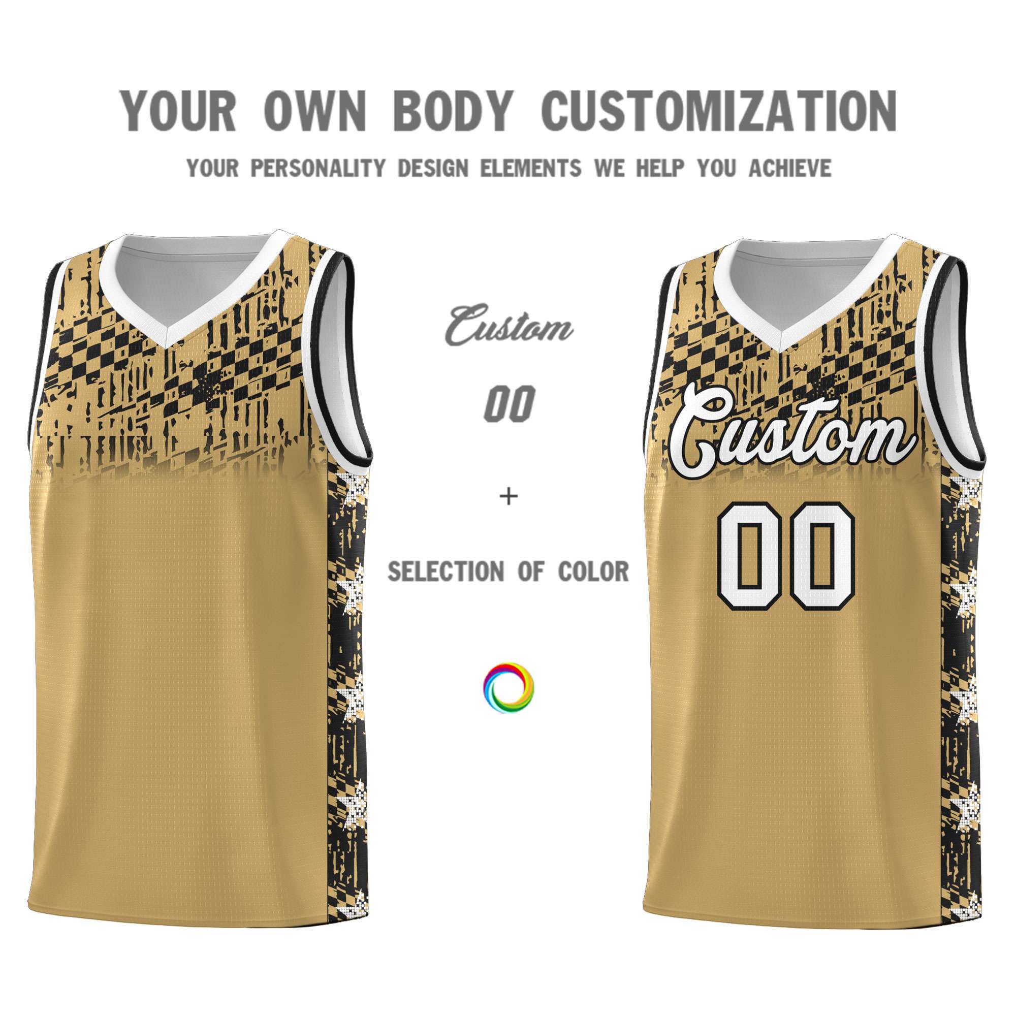 Custom Old Gold Mosaic Stars Pattern Sports Uniform Basketball Jersey