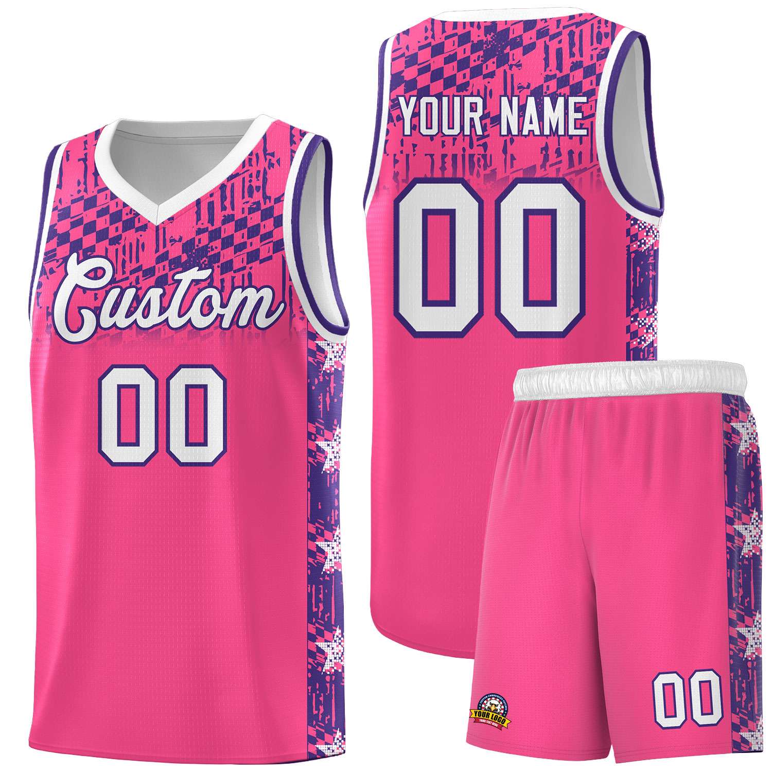 Custom Pink Mosaic Stars Pattern Sports Uniform Basketball Jersey