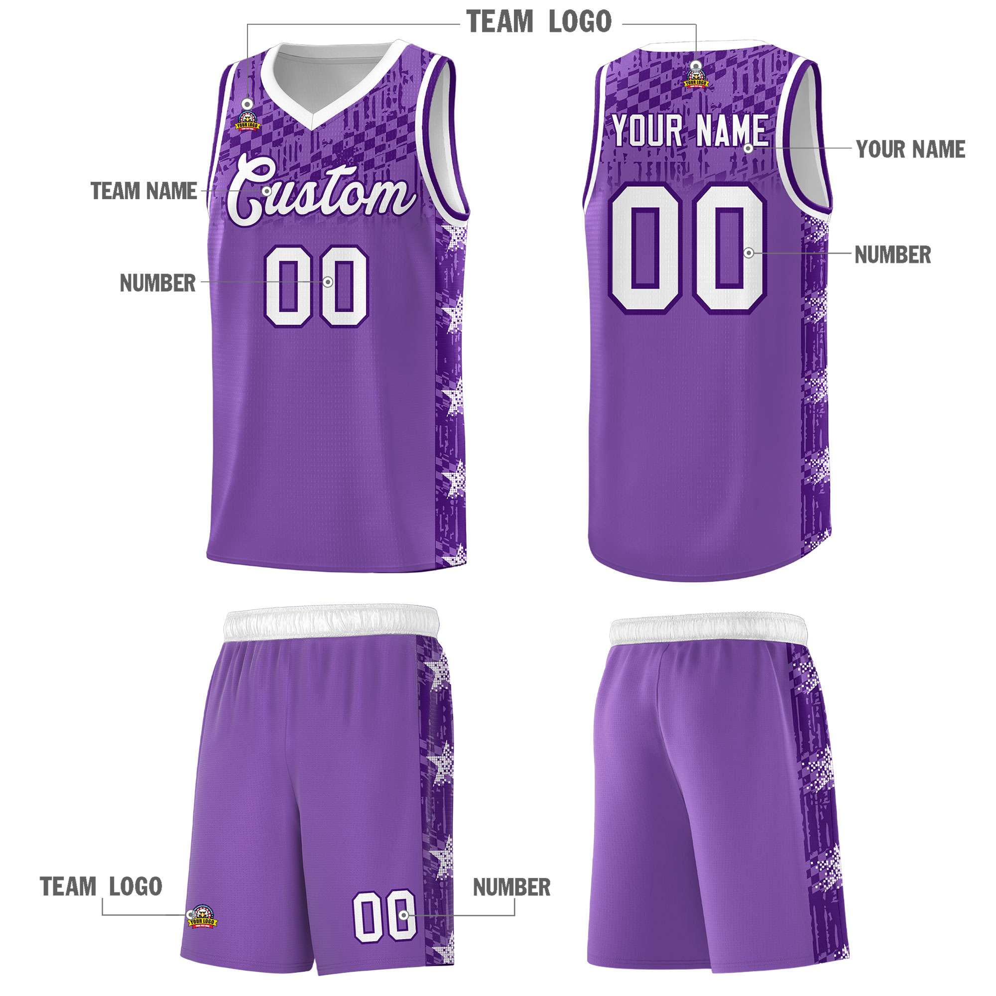 Custom Light Purple Mosaic Stars Pattern Sports Uniform Basketball Jersey