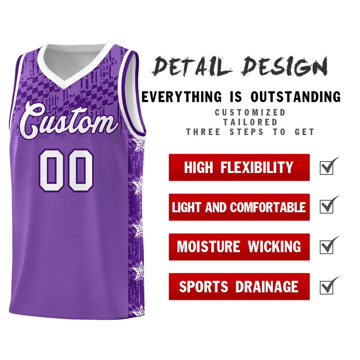 Custom Light Purple Mosaic Stars Pattern Sports Uniform Basketball Jersey