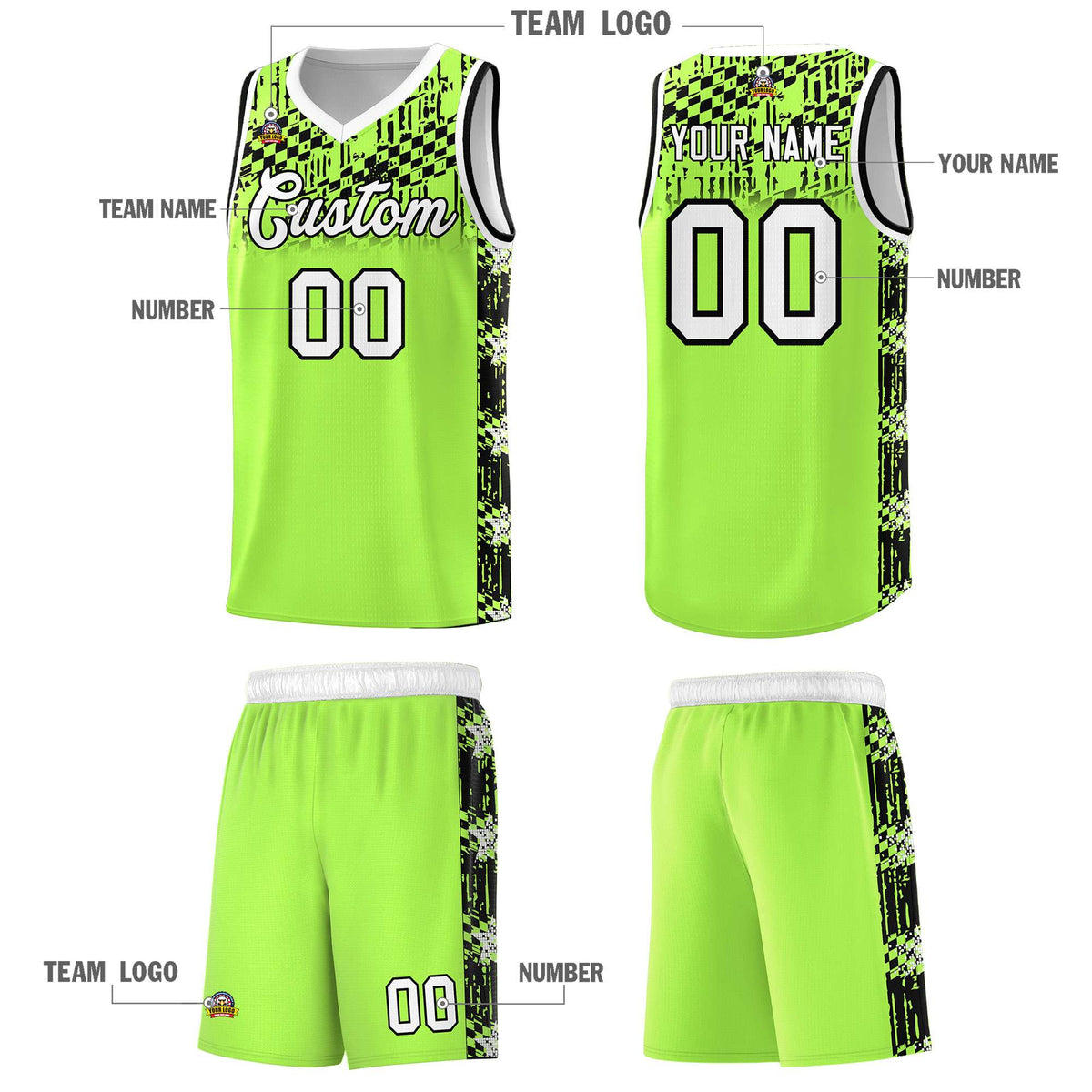 Custom Fluorescent Green Mosaic Stars Pattern Sports Uniform Basketball Jersey