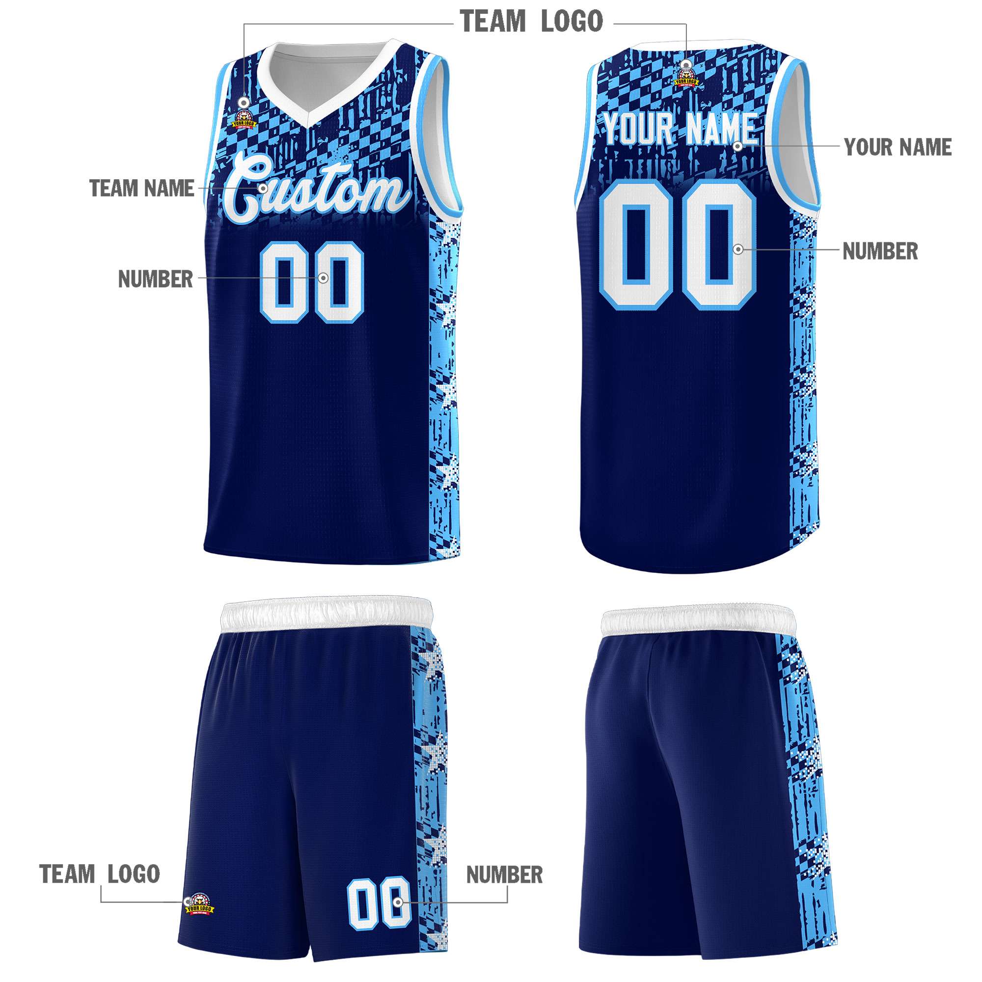 Custom Navy Mosaic Stars Pattern Sports Uniform Basketball Jersey