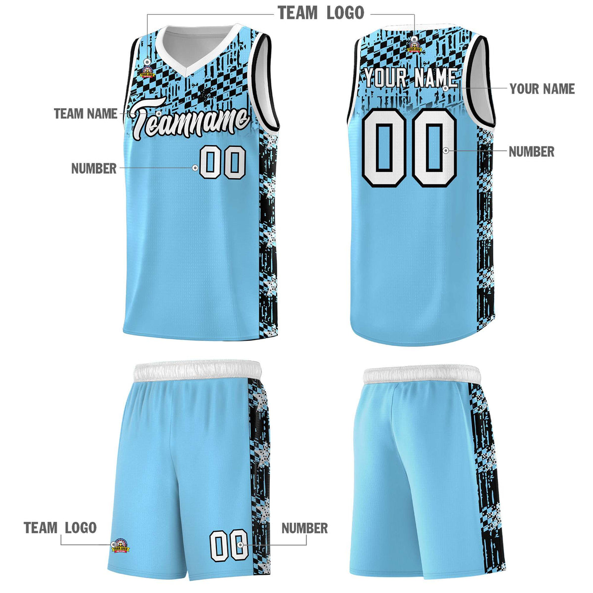 Custom Light Blue Mosaic Stars Pattern Sports Uniform Basketball Jersey