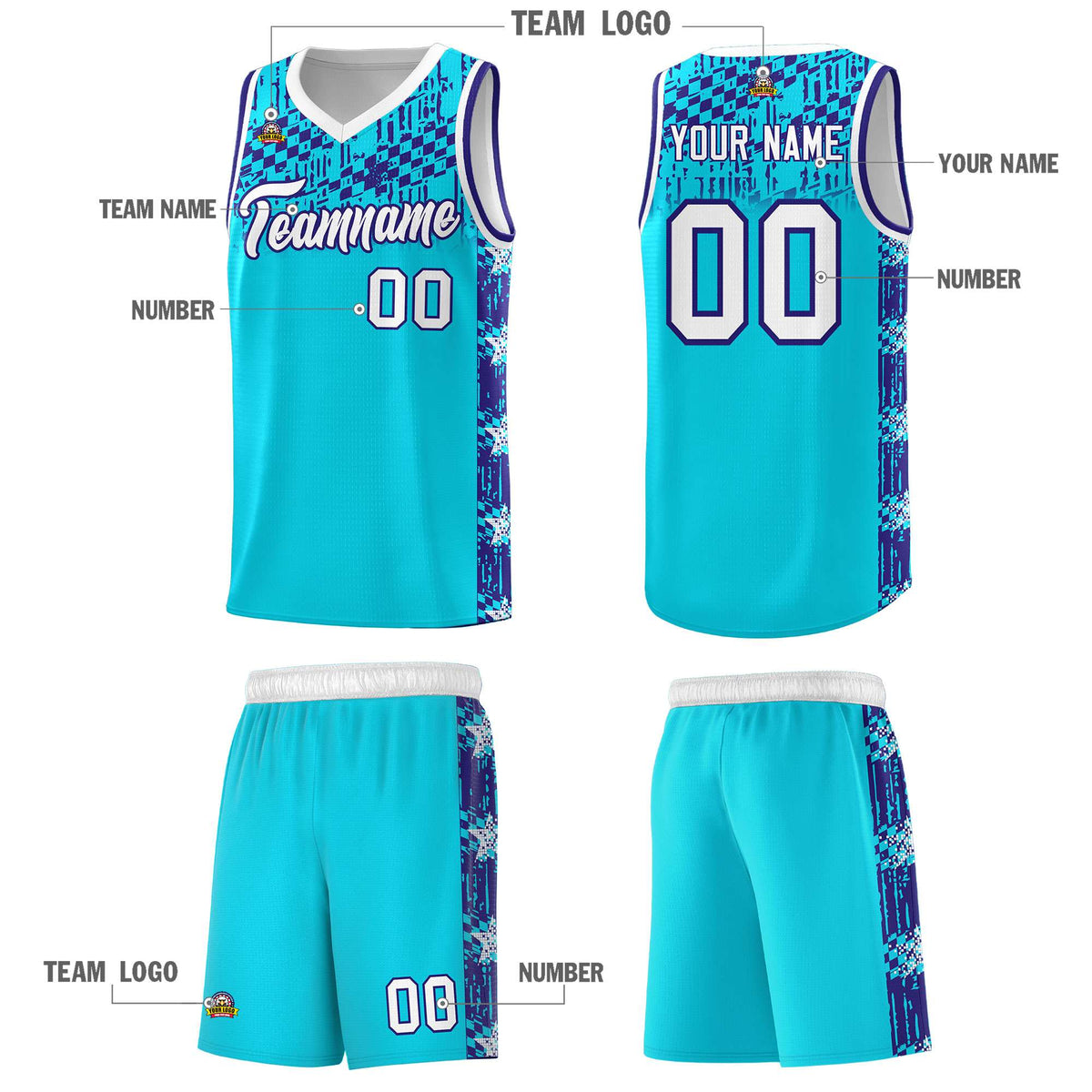 Custom Sky Blue Mosaic Stars Pattern Sports Uniform Basketball Jersey