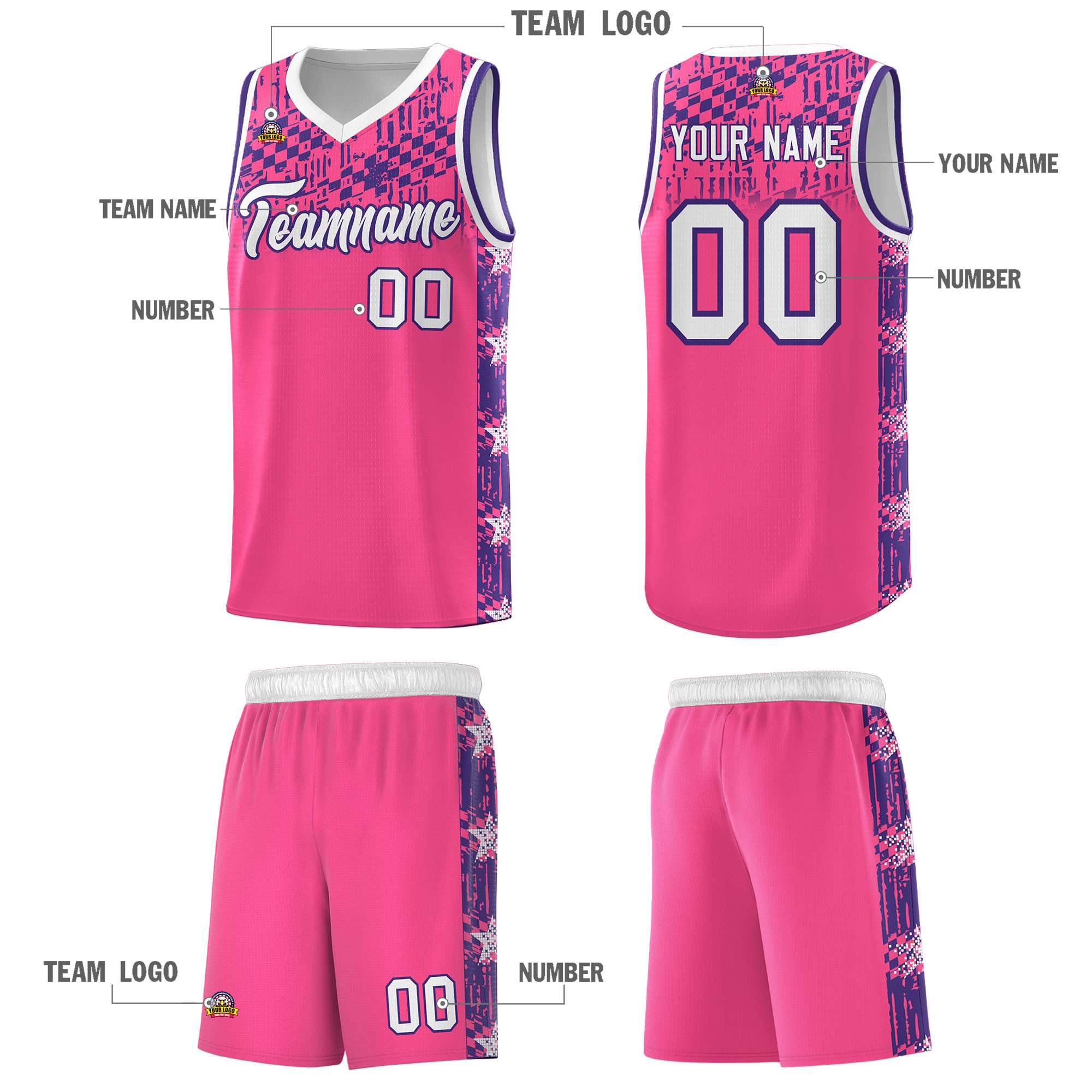 Custom Pink Mosaic Stars Pattern Sports Uniform Basketball Jersey