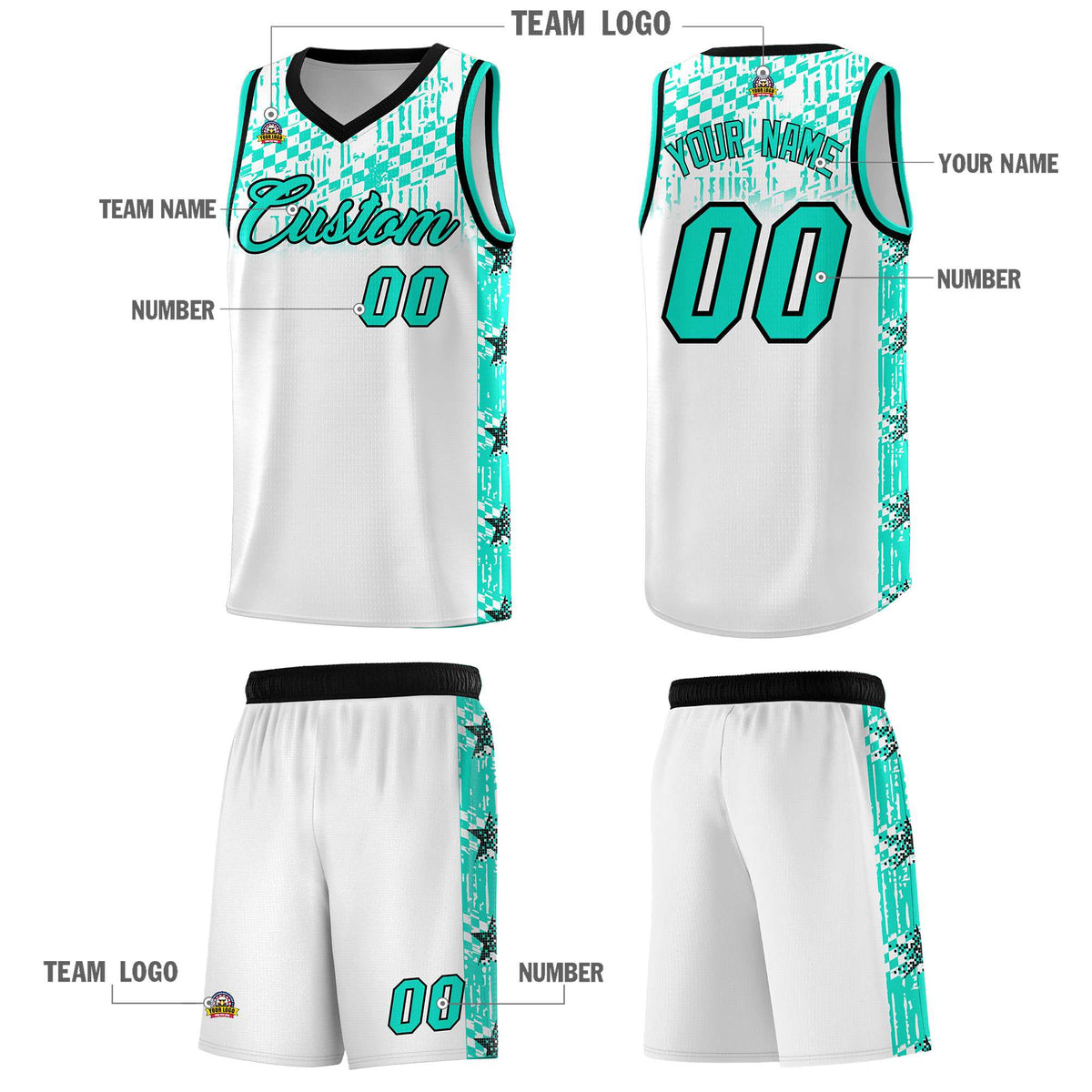 Custom White Mosaic Stars Pattern Sports Uniform Basketball Jersey