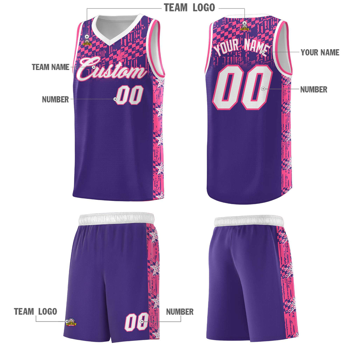 Custom Purple Mosaic Stars Pattern Sports Uniform Basketball Jersey