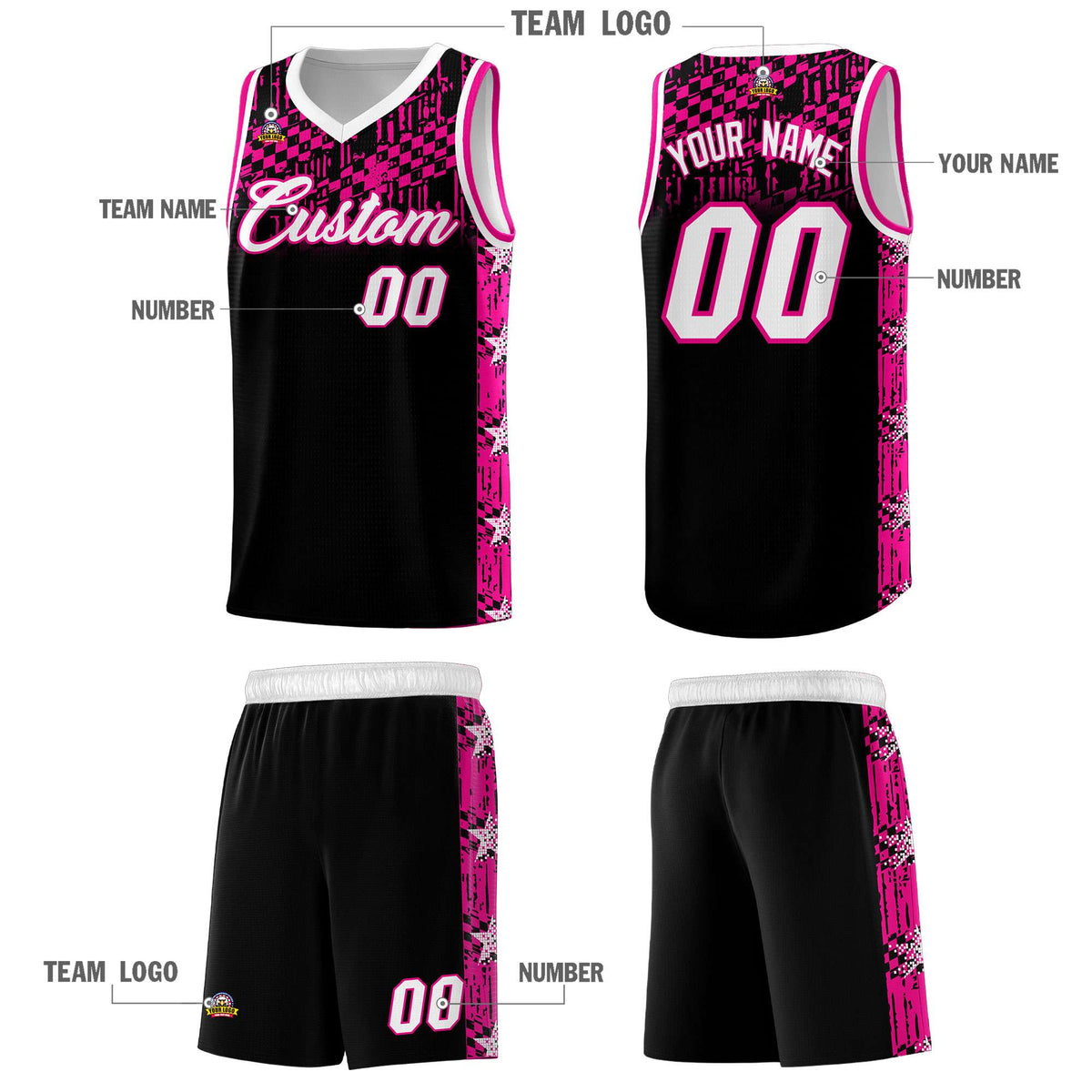 Custom Black Mosaic Stars Pattern Sports Uniform Basketball Jersey