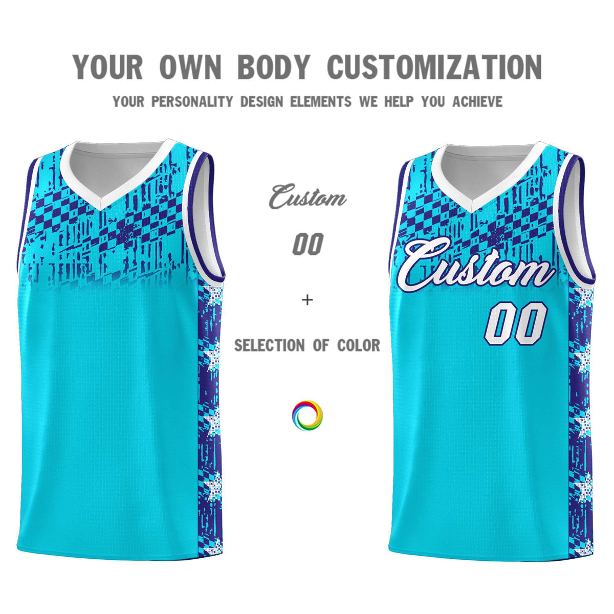 Custom Sky Blue Mosaic Stars Pattern Sports Uniform Basketball Jersey