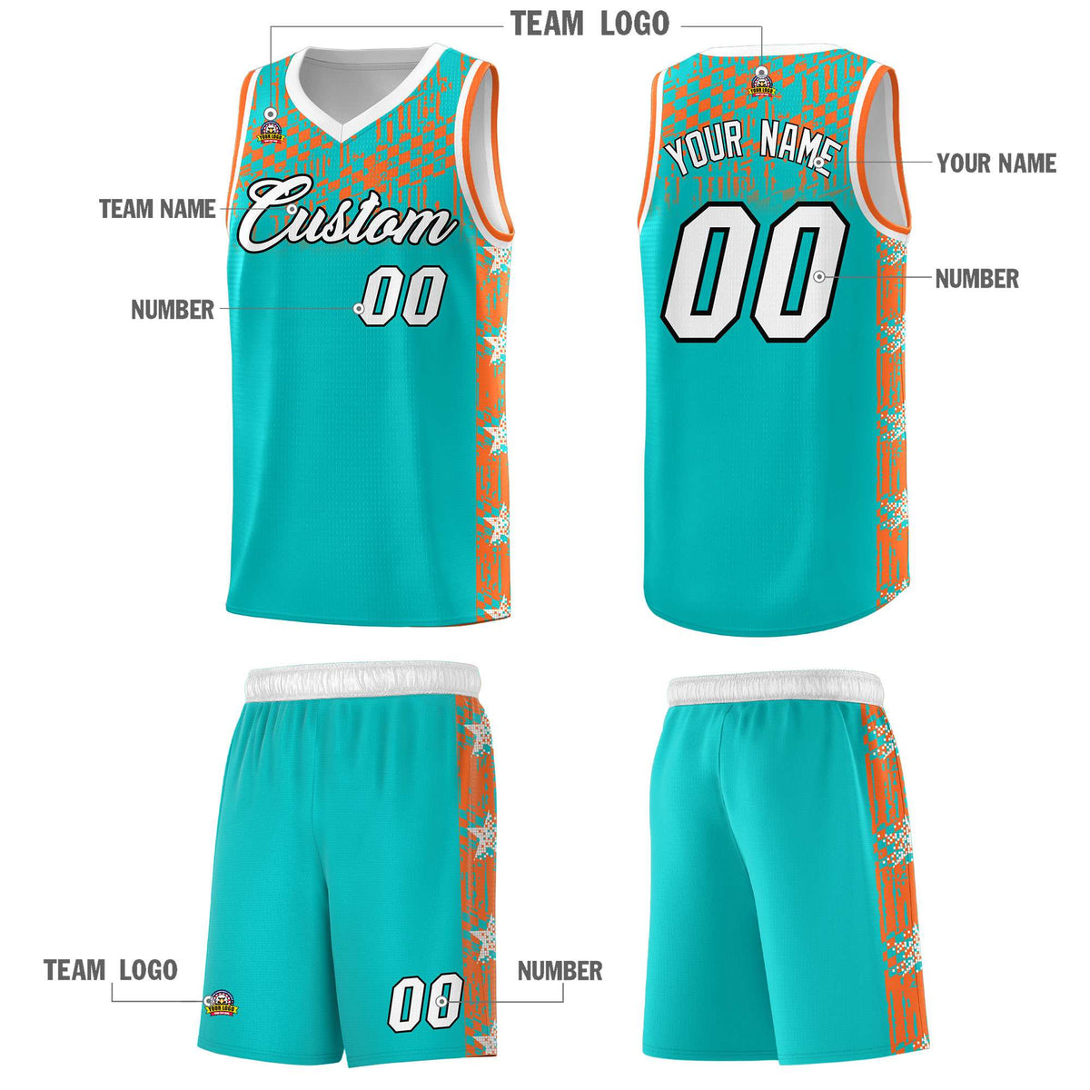Custom Aqua Mosaic Stars Pattern Sports Uniform Basketball Jersey