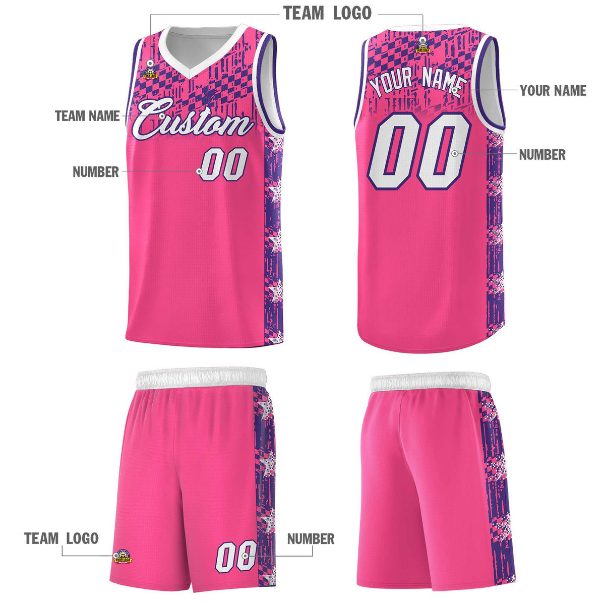 Custom Pink Mosaic Stars Pattern Sports Uniform Basketball Jersey