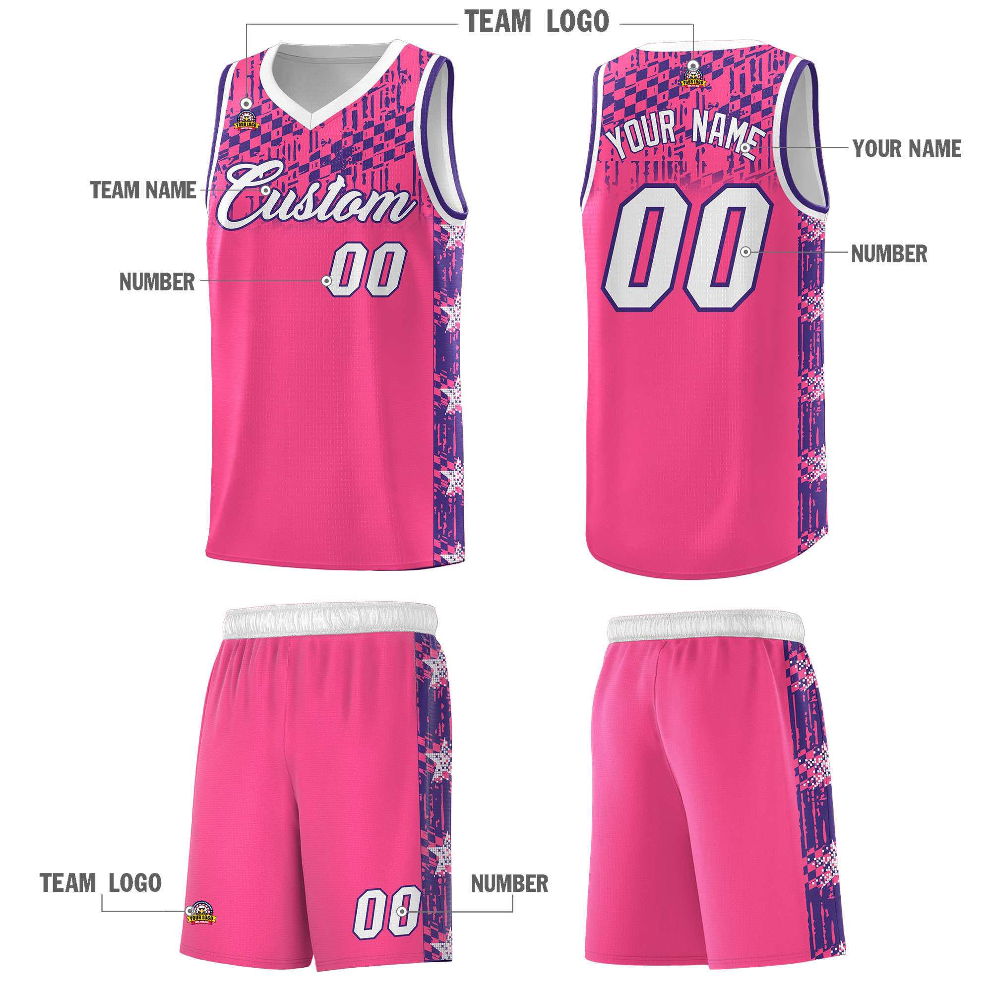 Custom Pink Mosaic Stars Pattern Sports Uniform Basketball Jersey