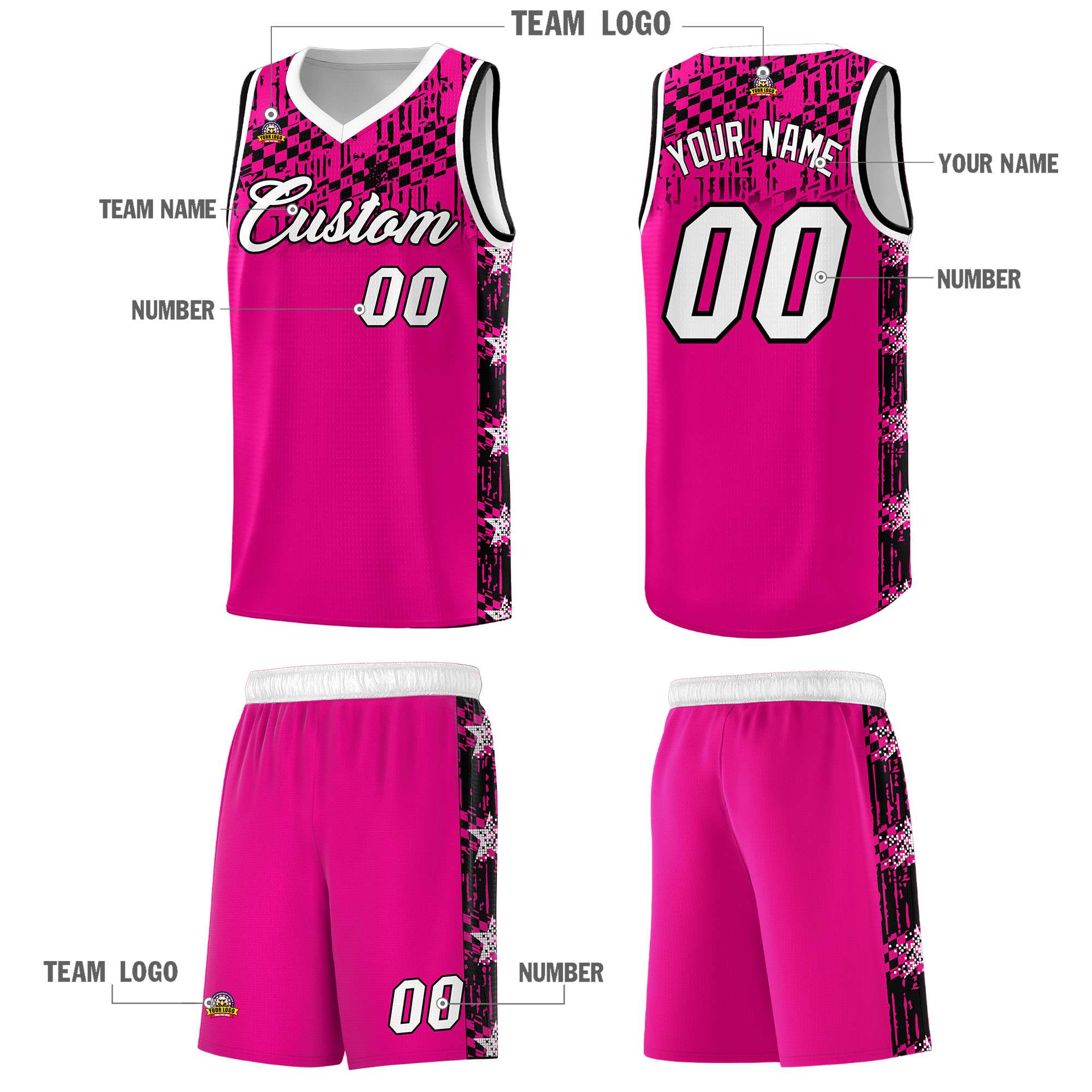 Custom Pink Mosaic Stars Pattern Sports Uniform Basketball Jersey