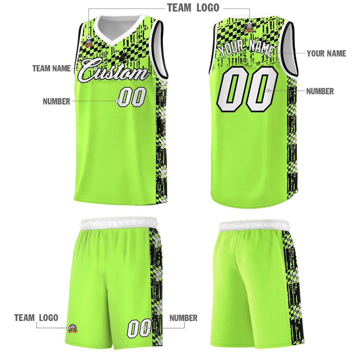 Custom Fluorescent Green Mosaic Stars Pattern Sports Uniform Basketball Jersey