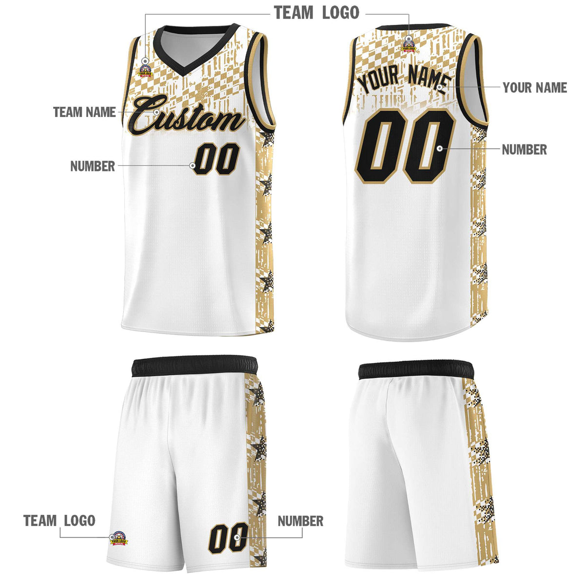Custom White Mosaic Stars Pattern Sports Uniform Basketball Jersey