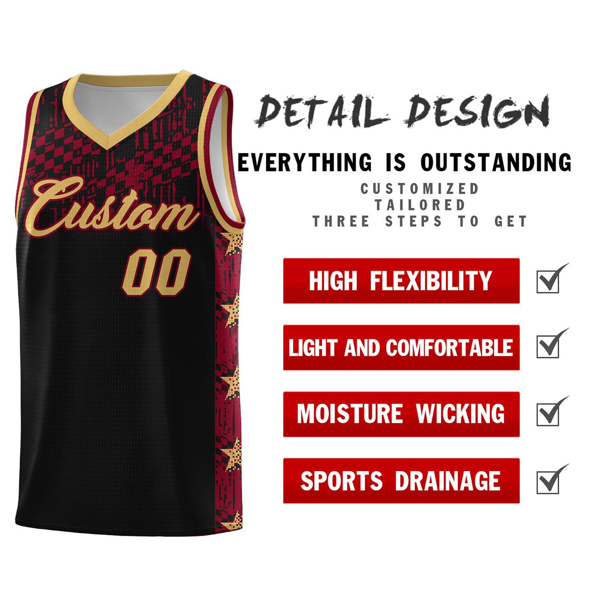Custom Black Mosaic Stars Pattern Sports Uniform Basketball Jersey