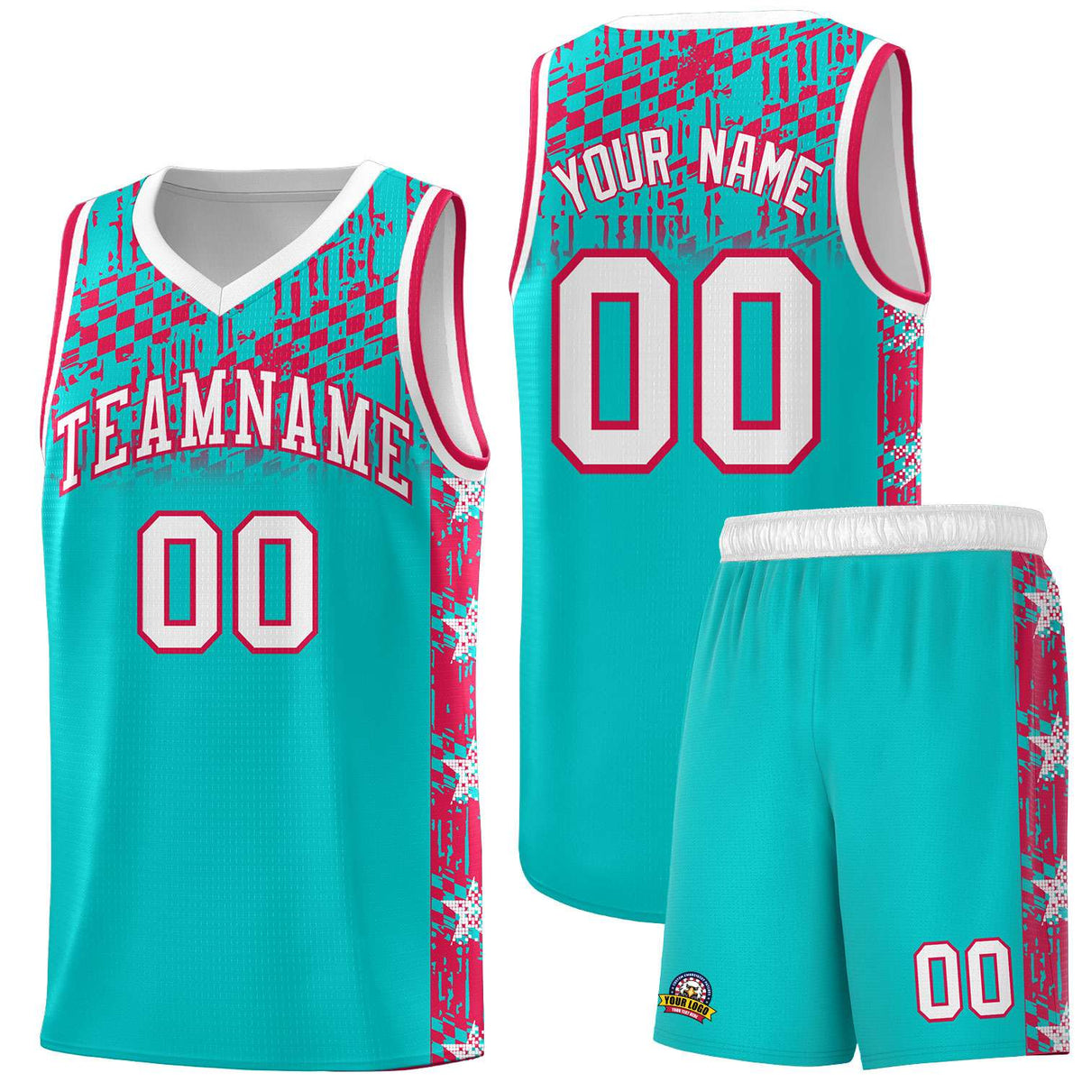 Custom Aqua Mosaic Stars Pattern Sports Uniform Basketball Jersey