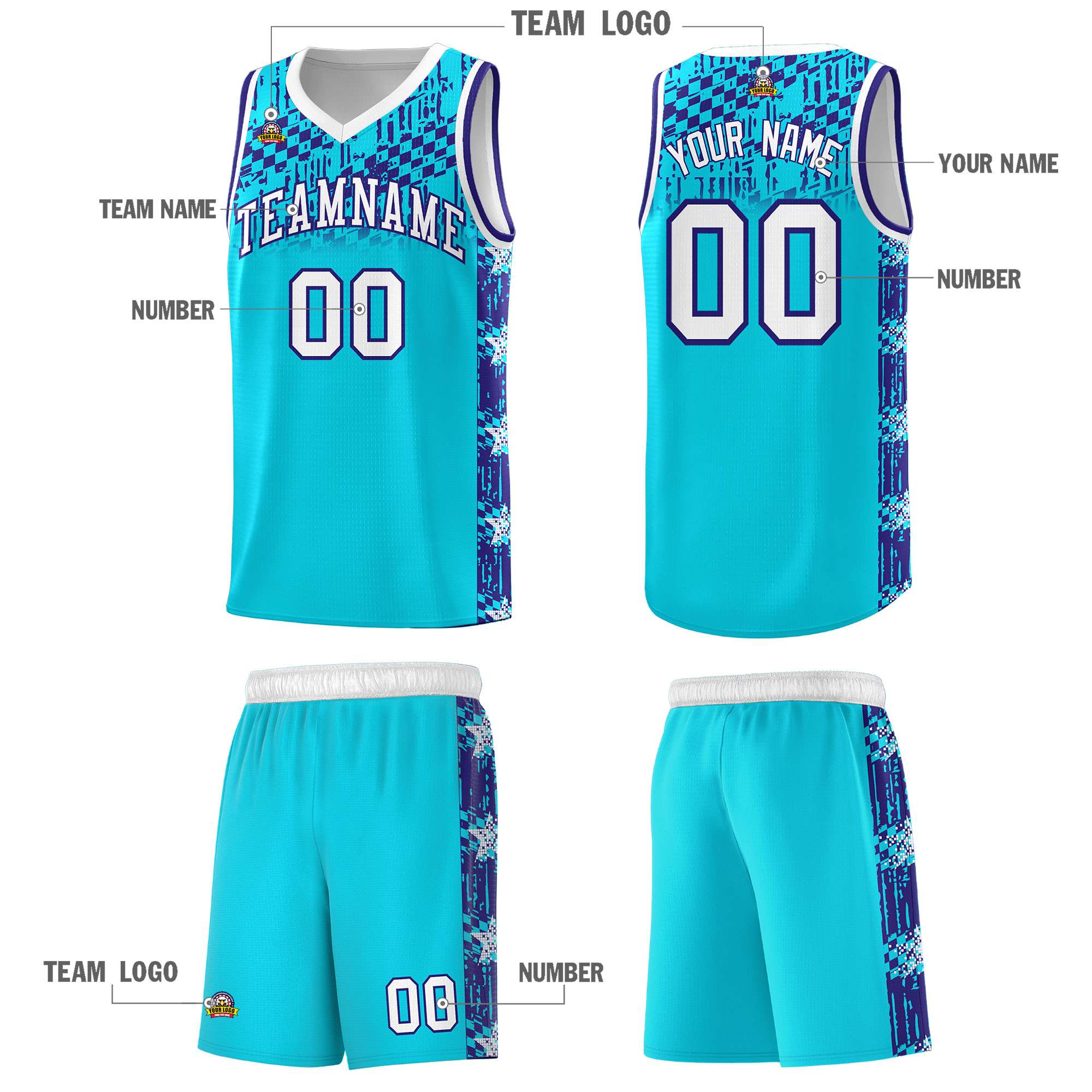 Custom Sky Blue Mosaic Stars Pattern Sports Uniform Basketball Jersey