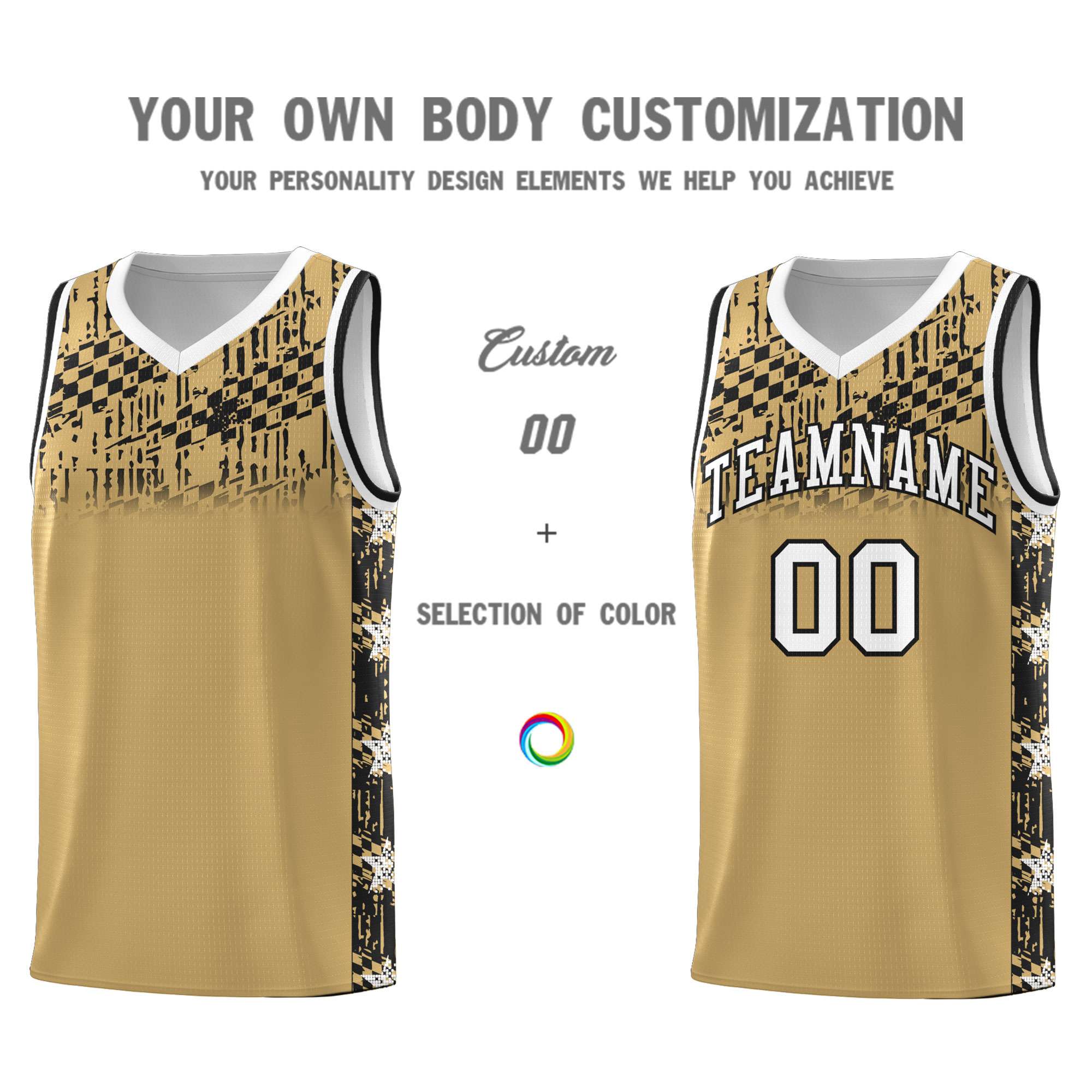 Custom Old Gold Mosaic Stars Pattern Sports Uniform Basketball Jersey