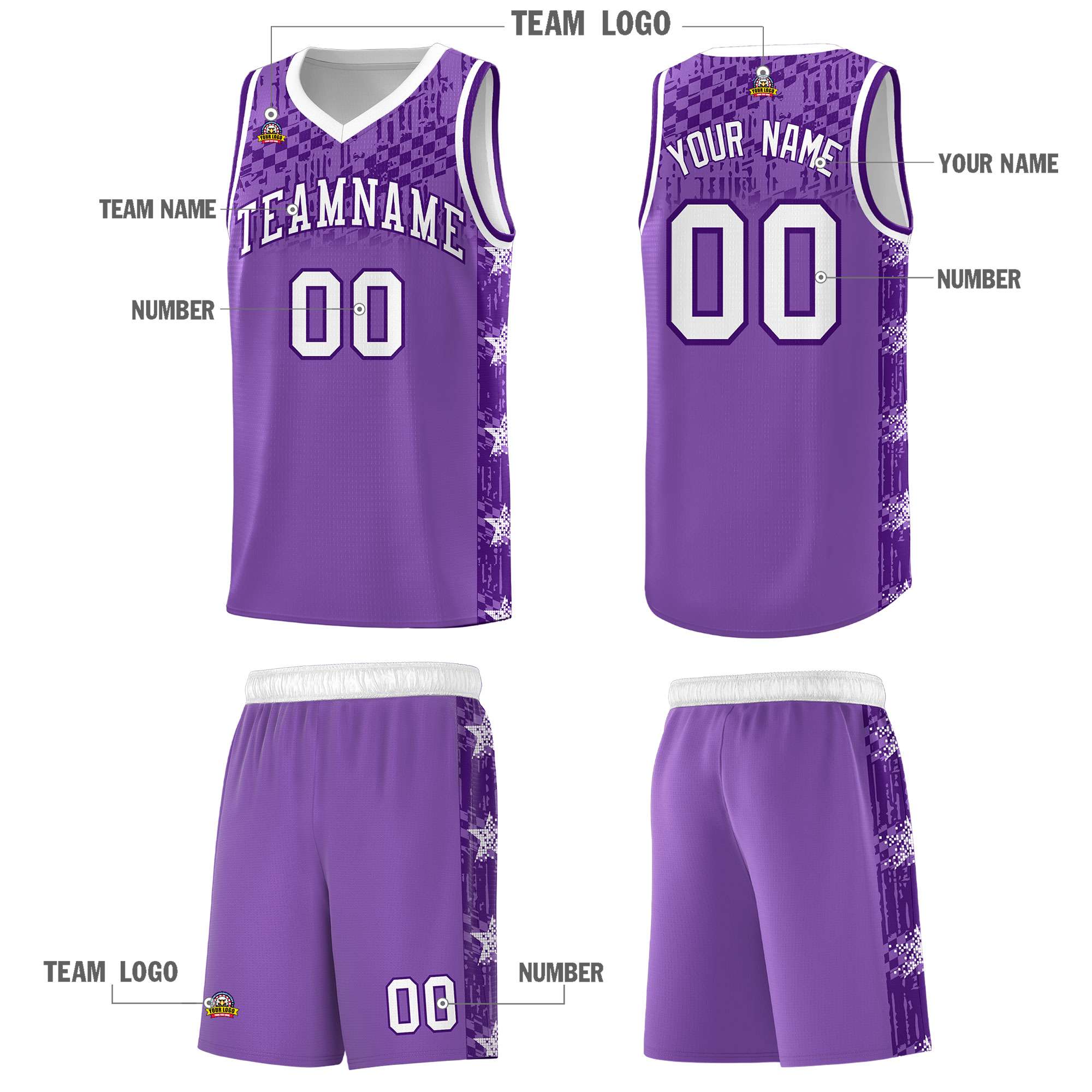 Custom Light Purple Mosaic Stars Pattern Sports Uniform Basketball Jersey