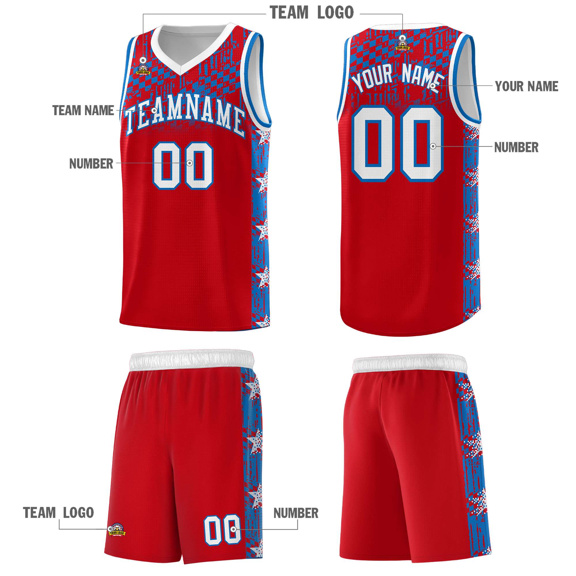 Custom Red Mosaic Stars Pattern Sports Uniform Basketball Jersey
