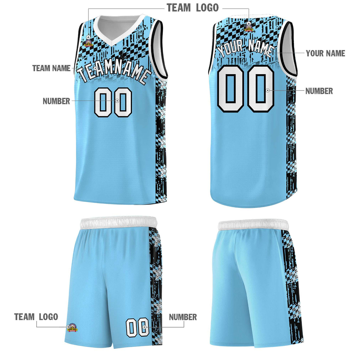 Custom Light Blue Mosaic Stars Pattern Sports Uniform Basketball Jersey