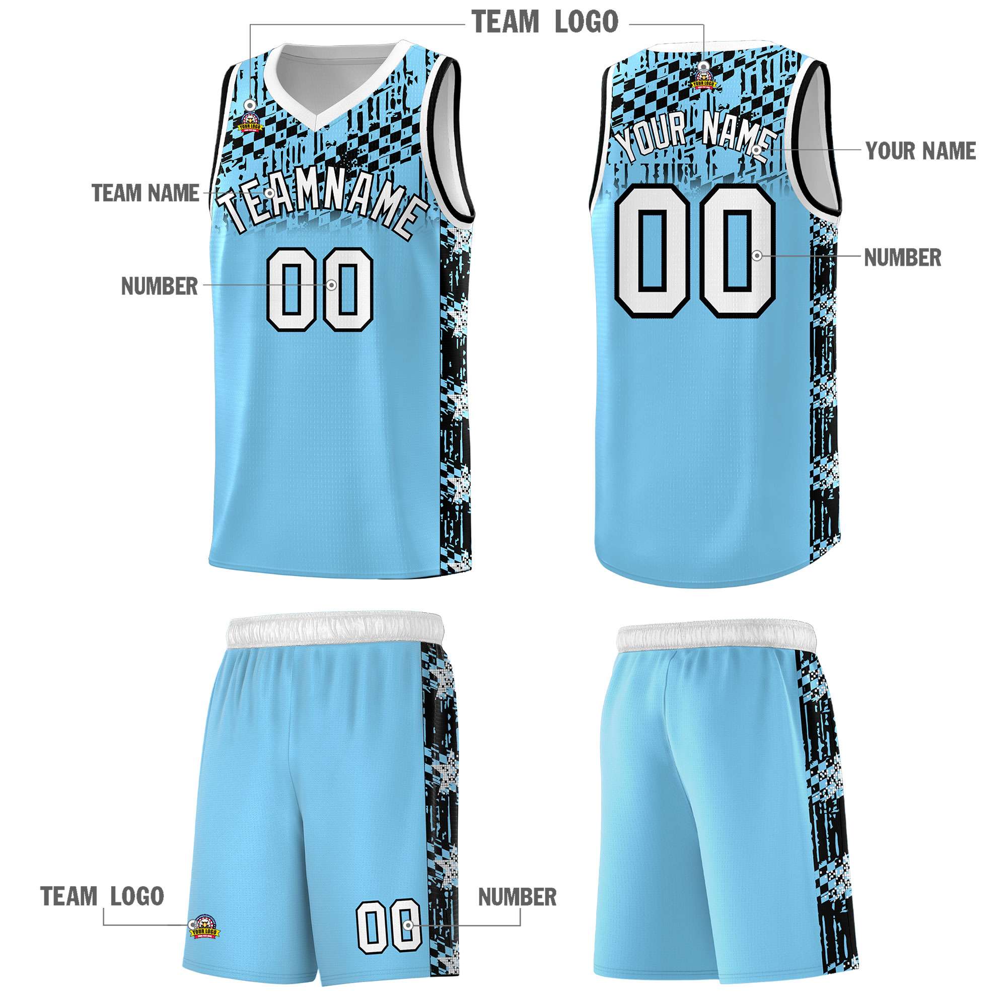 Custom Light Blue Mosaic Stars Pattern Sports Uniform Basketball Jersey