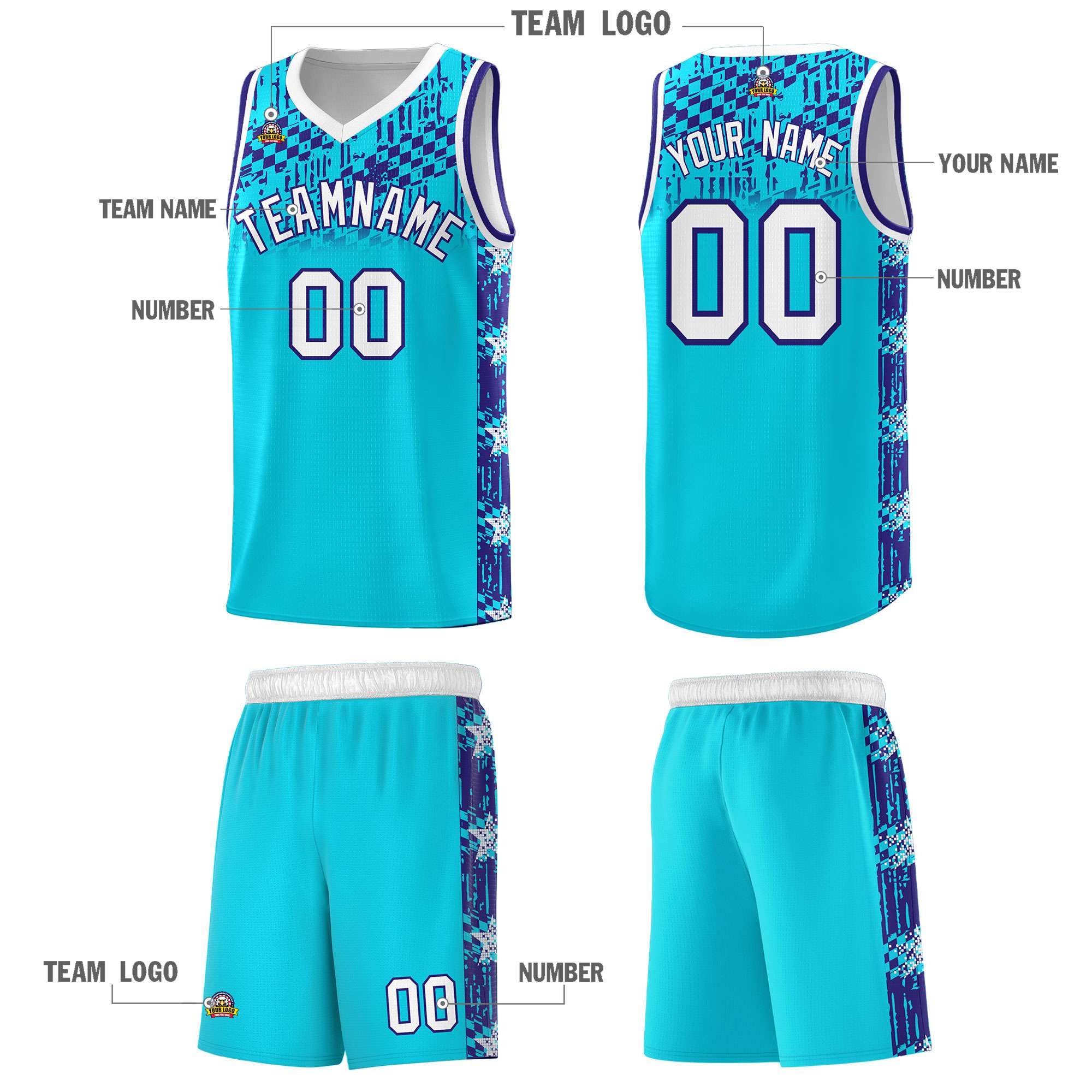 Custom Sky Blue Mosaic Stars Pattern Sports Uniform Basketball Jersey