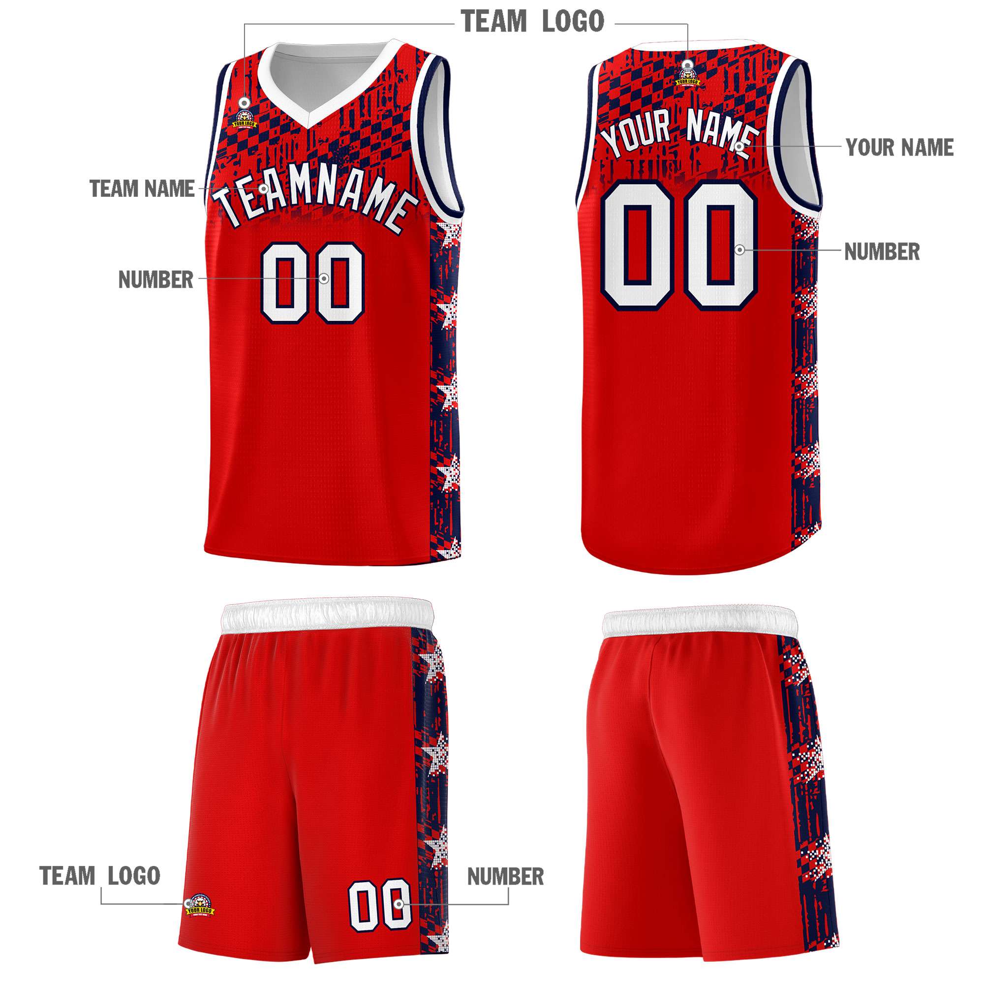 Custom Red Mosaic Stars Pattern Sports Uniform Basketball Jersey