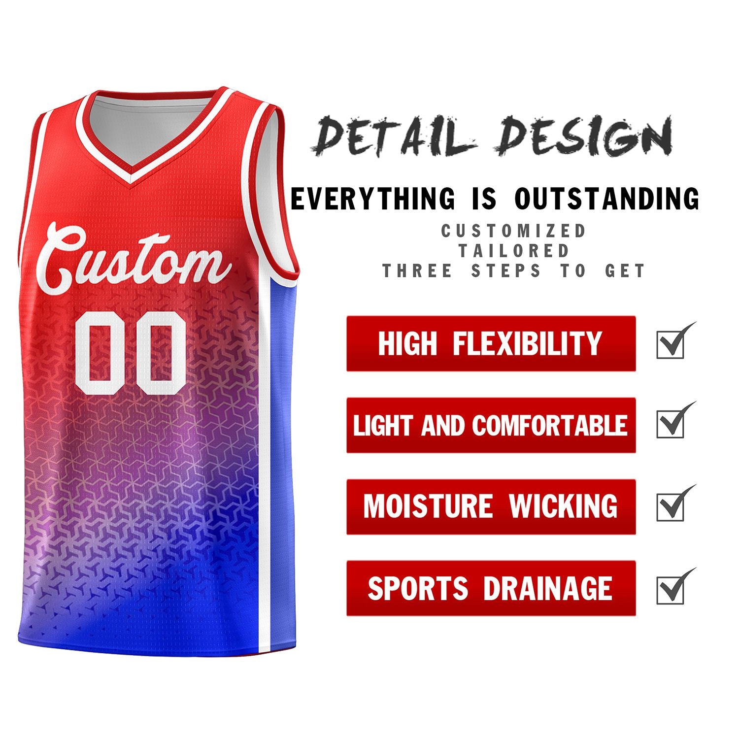 Custom Red Royal Gradient Design Irregular Shapes Pattern Sports Uniform Basketball Jersey
