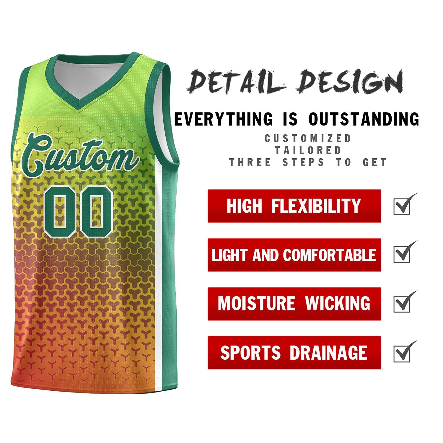 Custom Kelly Green Orange Gradient Design Irregular Shapes Pattern Sports Uniform Basketball Jersey