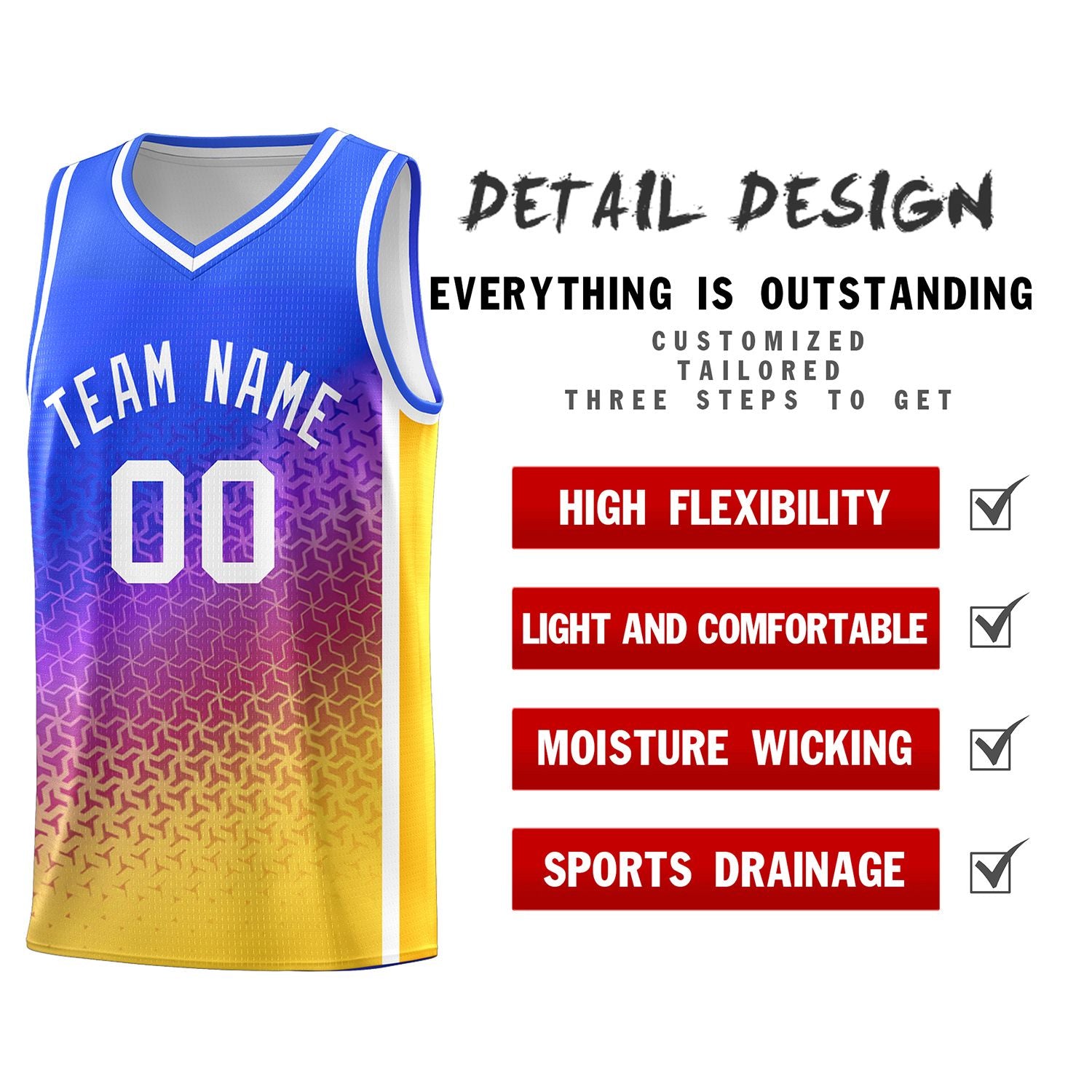 Custom Royal Purple-Gold Gradient Design Irregular Shapes Pattern Sports Uniform Basketball Jersey