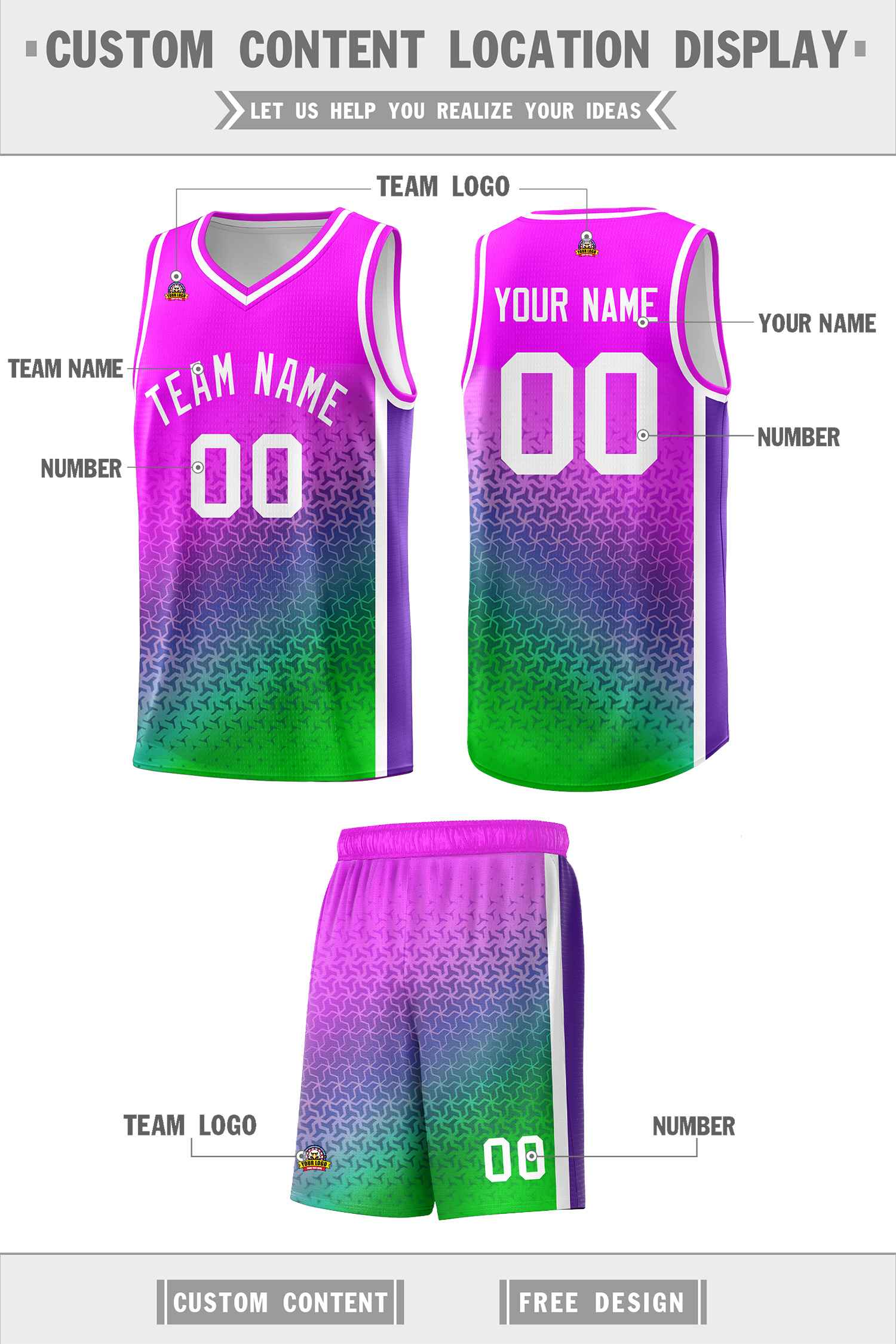 Custom Pink Purple-Neon Green Gradient Design Irregular Shapes Pattern Sports Uniform Basketball Jersey